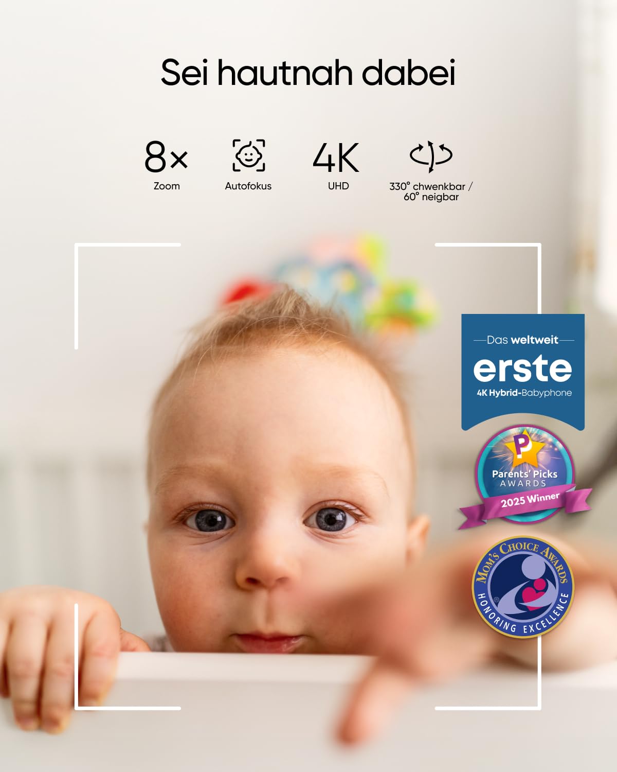 Babyphone mit Kamera E21 4K UHD 330° Schwenk 60° Neigung 8× Zoom Nachtsicht 5000 mAh Akku WLAN App