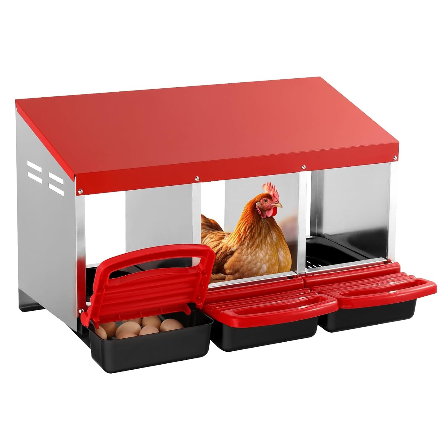 VEVOR Nido per Polli 796 x 525 x 475 mm Nido per Galline a 3 Scomparti, Stabile Resistente alla Corrosione, con Nidi Inclinati, Fori sul Fondo e Piattaforma di Riposo, Adatto a Diverse Razze di Polli