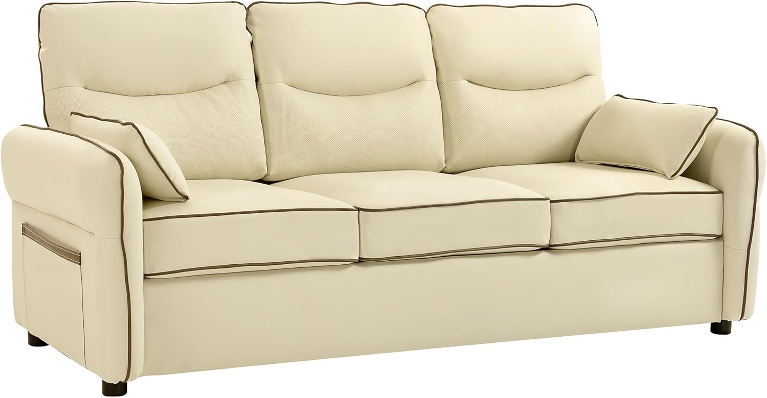 HOMCOM Divano 3 Posti Imbottito in Pelle Finta con Bordo a Contrasto, Divanetto da Salotto con Imbottitura Spessa, 2 Cuscini Rimovibile e Lavabile, Braccioli e Tasche Laterali, 190x83x90 cm, Beige
