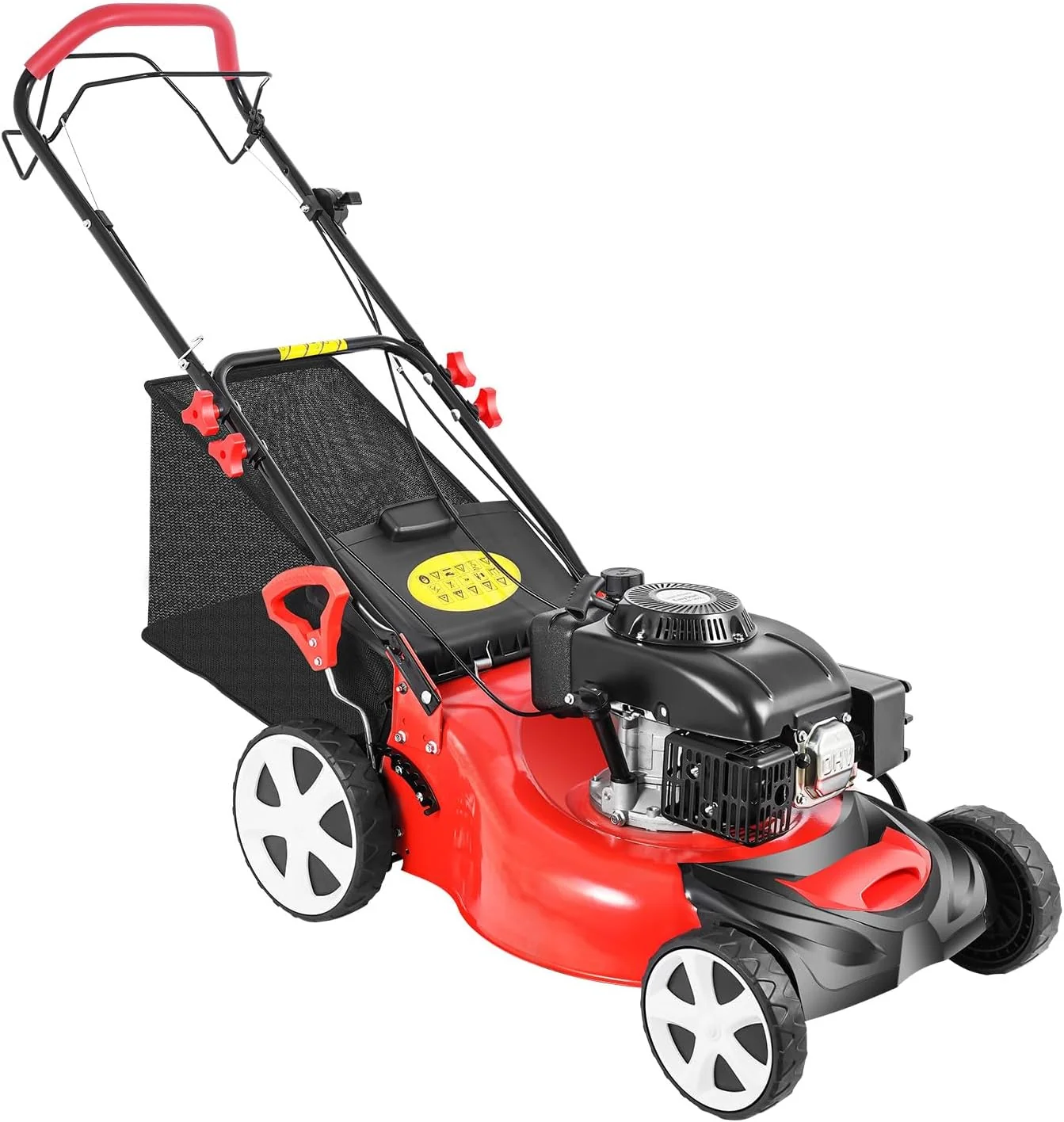 Bdneygtyr Rasenmäher, 51 cm, 60 L, Rot/Schwarz, Benzin 140cc, Selbstfahrender Benzin- mit 5 PS & Fangkorb, Schnittbreite für Große Gärten