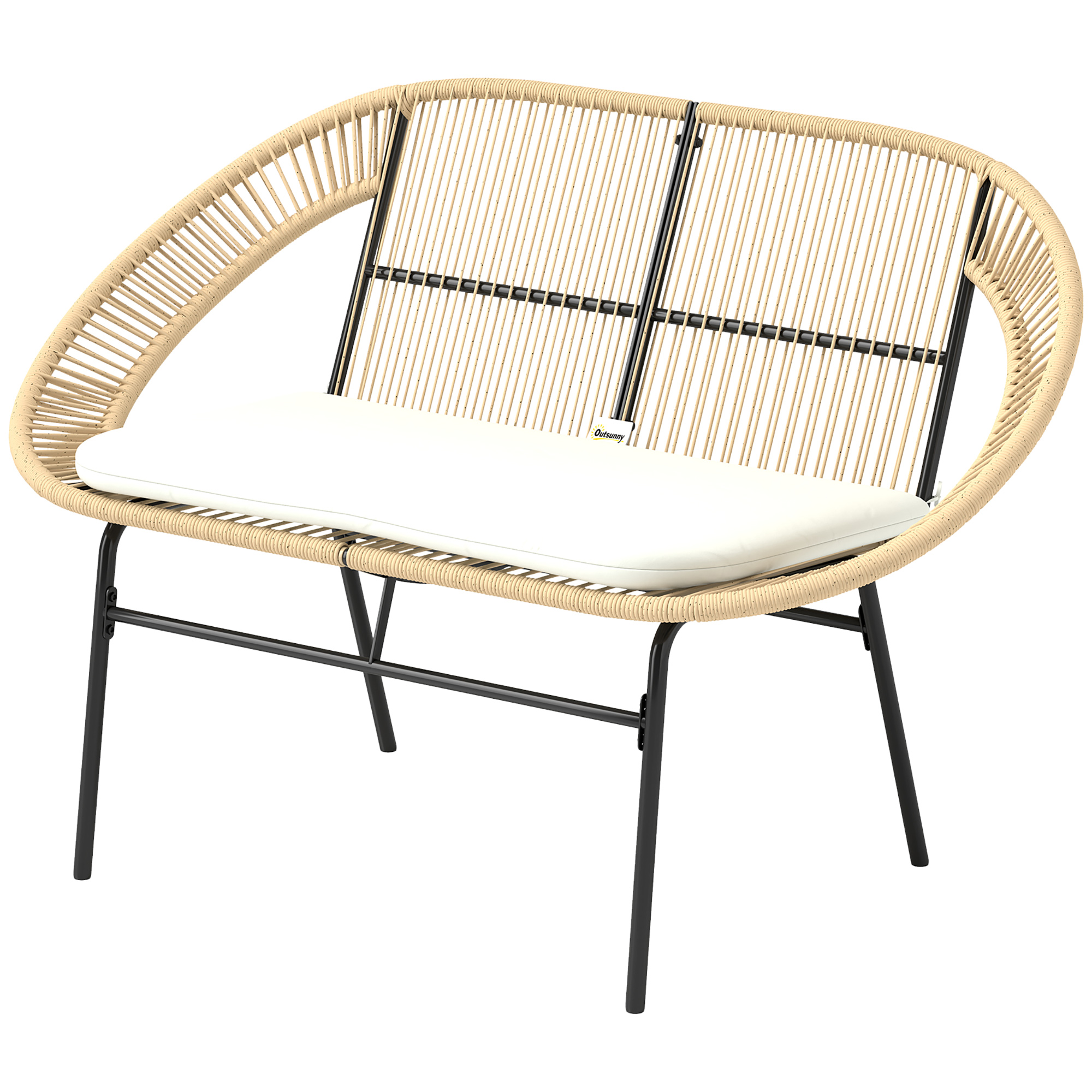 Outsunny Gartenbank 2-Sitzer, Gartenbank im Freien aus Stahl im Acapulco-Stil, mit Rücken- und Sitzkissen, 126 x 72 x 83 cm, Khaki