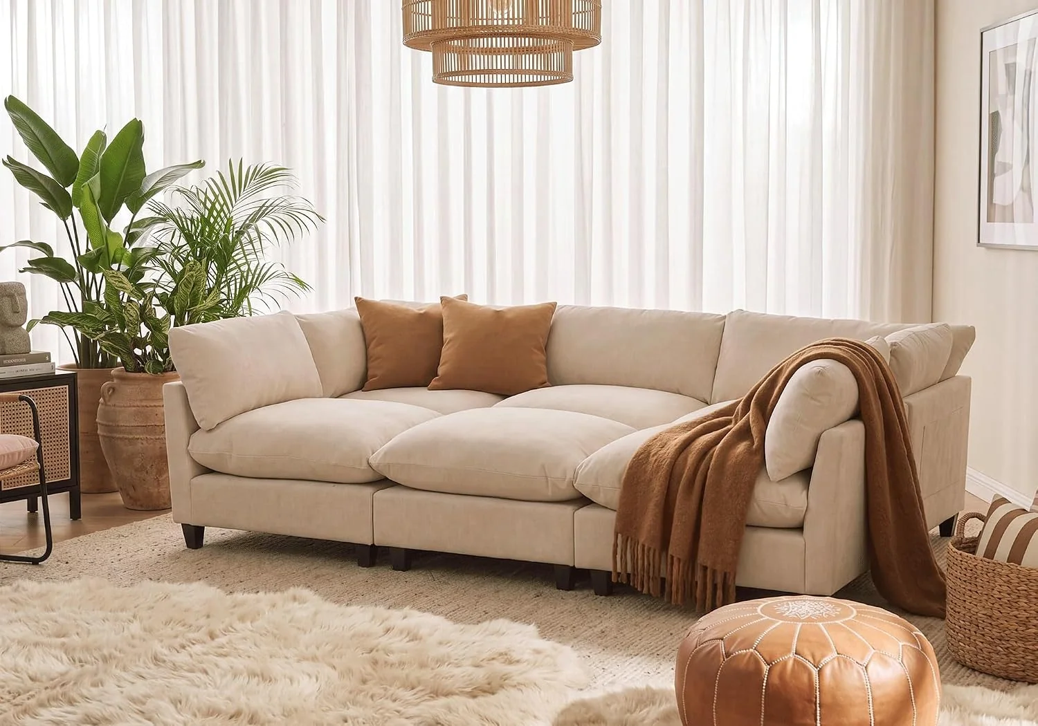 Iroomy Modular Sectional Sofa, 6-Seater Sofas Couches for Living Room, Oversized Chenille Cloud Couch, Deep Comfy Seat, Beige, Round Feet