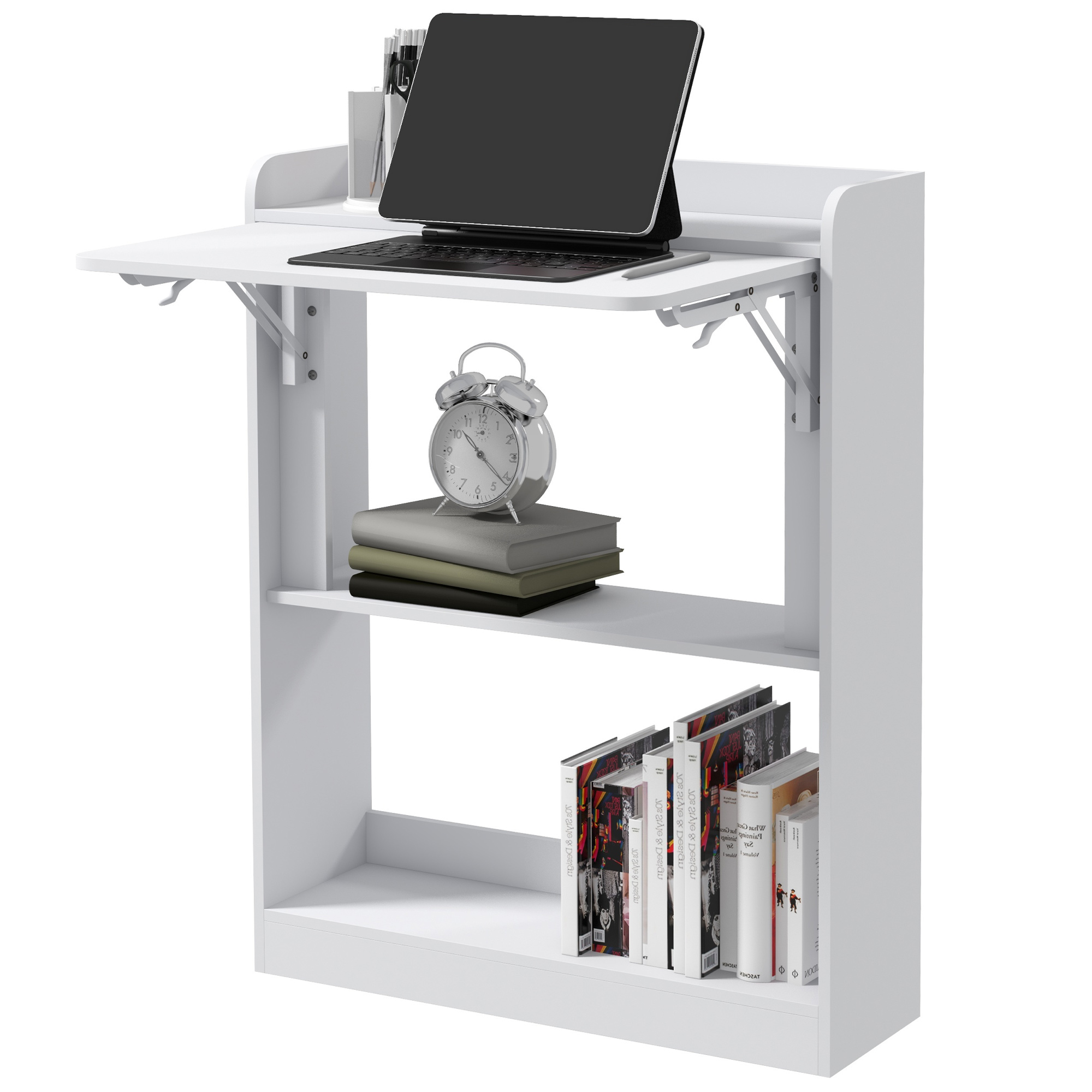 HOMCOM Computertisch Schreibtisch klappbare Tischplatte und 3 Regalböden Platzsparend 63 x 55,5 x 82 cm Weiß