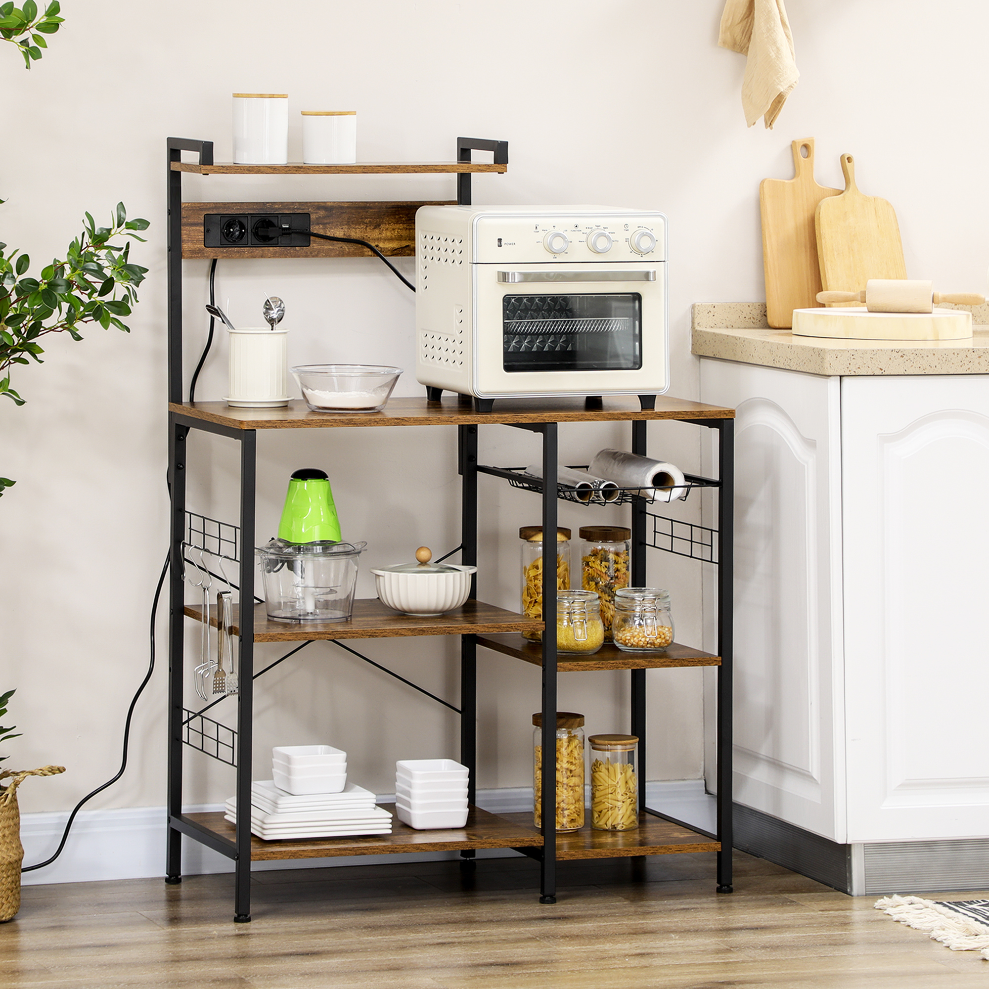 HOMCOM Küchenmöbel mit integrierten Steckdosen für Mikrowelle mit Regalen, industrieller Stil, 90x42x130cm, Braun