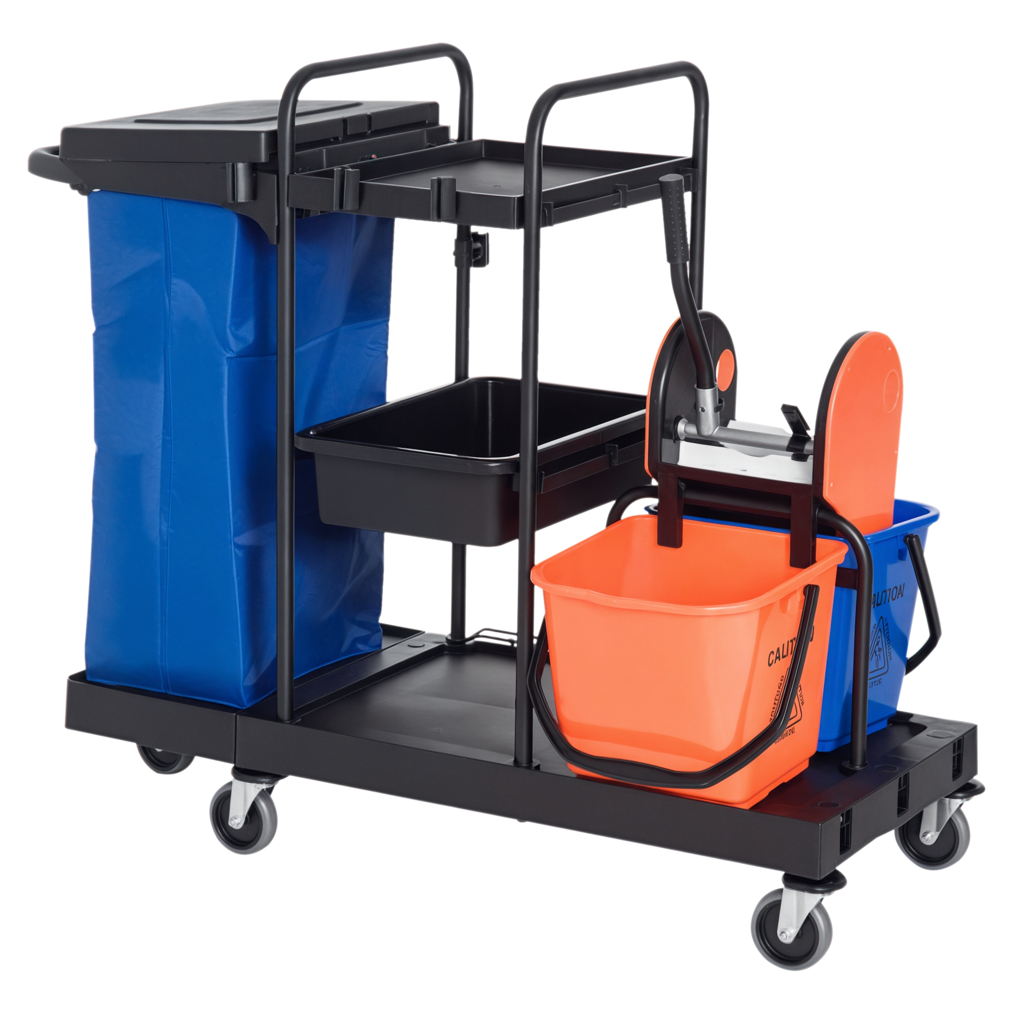 HOMCOM Putzwagen Reinigungswagen Wischwagen Systemwagen mit 4 leichtgängigen Rollen Schwarz+Blau+Orange 111 × 63,3 × 103 cm