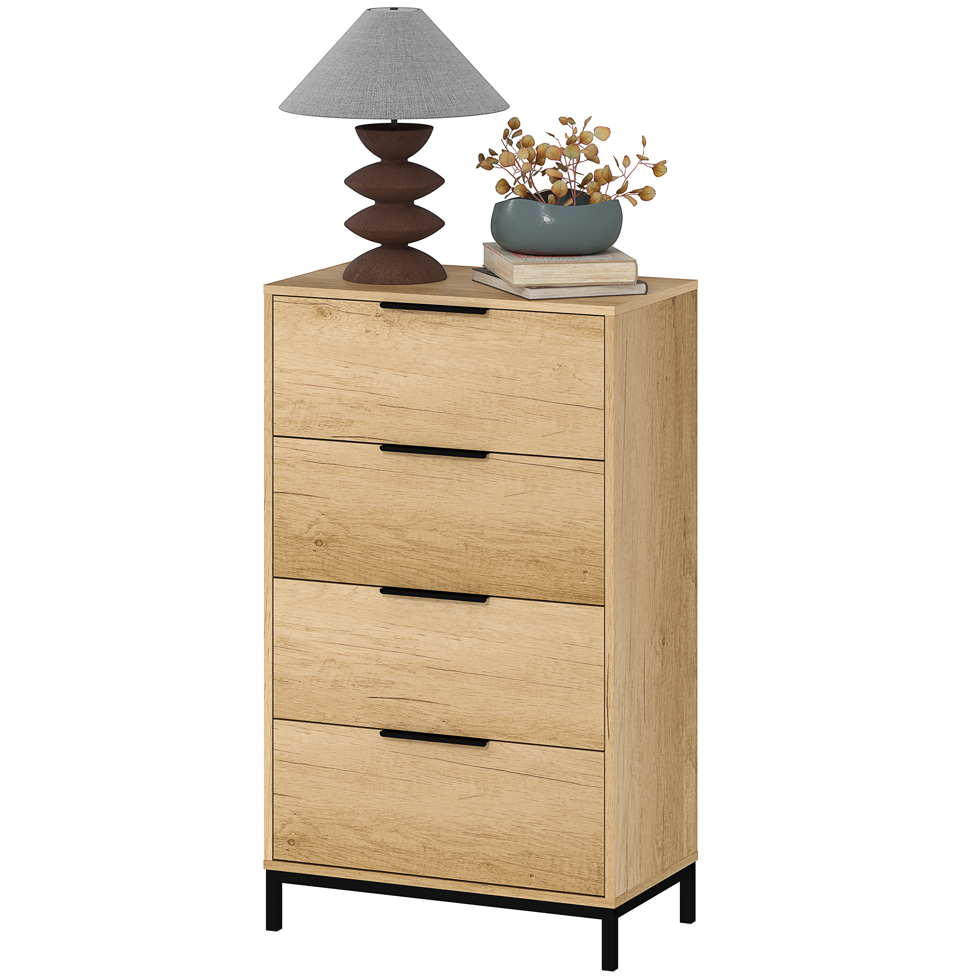 HOMCOM 4-Schubladenkommode mit Kippschutz und schwarzen Griffen, aus Holz und Metall, 62x35x105 cm, Hellbraun
