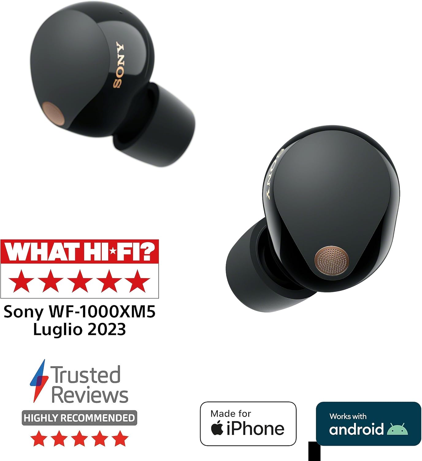 WF-1000XM5 Cuffie Wireless con Noise Cancelling, Bluetooth, Cuffie In-Ear con Microfono, Fino a 24 ore di durata a batteria e Ricarica Rapida, IPX4, Funziona con iOS e Android -Nero