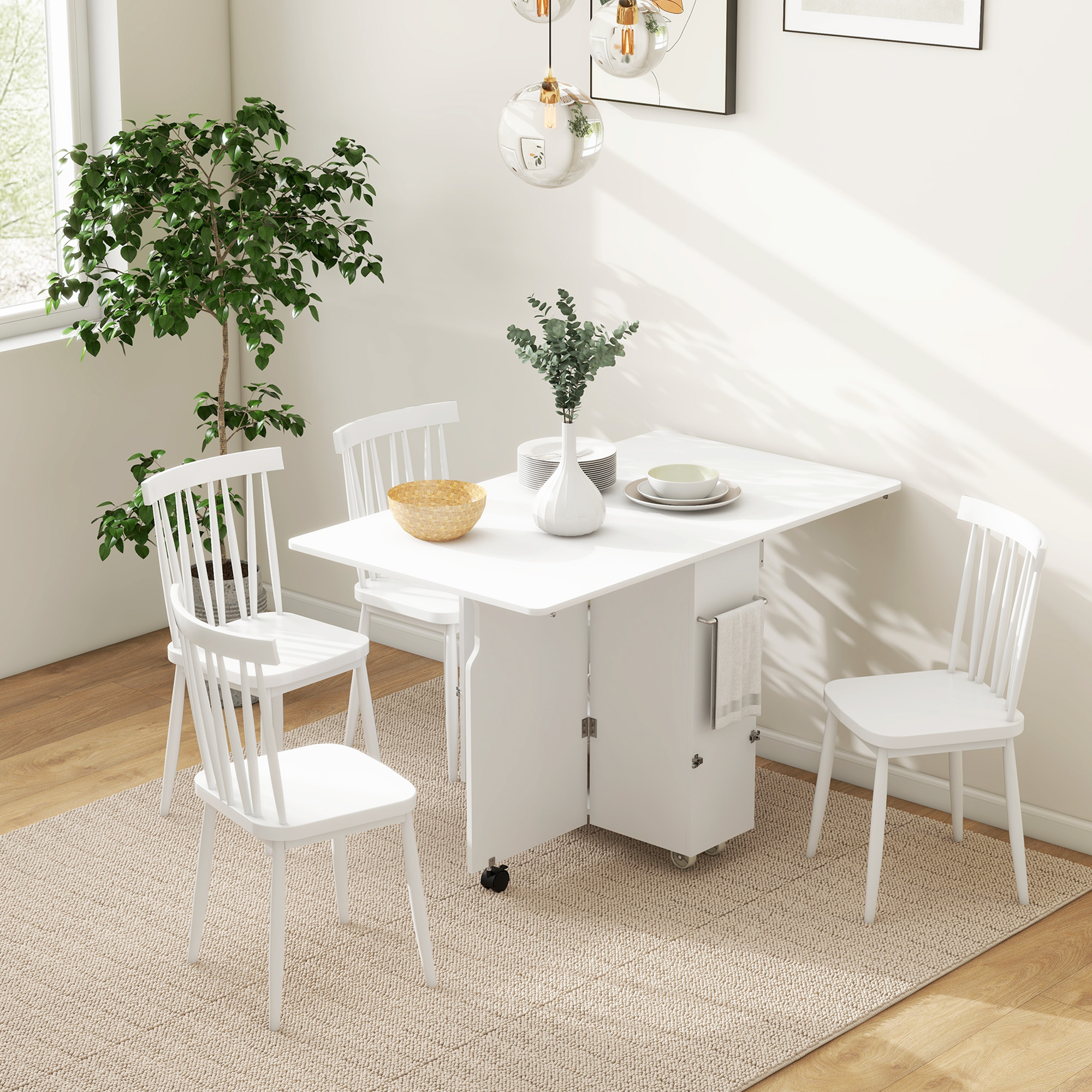 HOMCOM Klapptisch mit 3-stufigen Regalen, Box und Rollen, aus MDF, 130x80x76.5 cm, Weiß