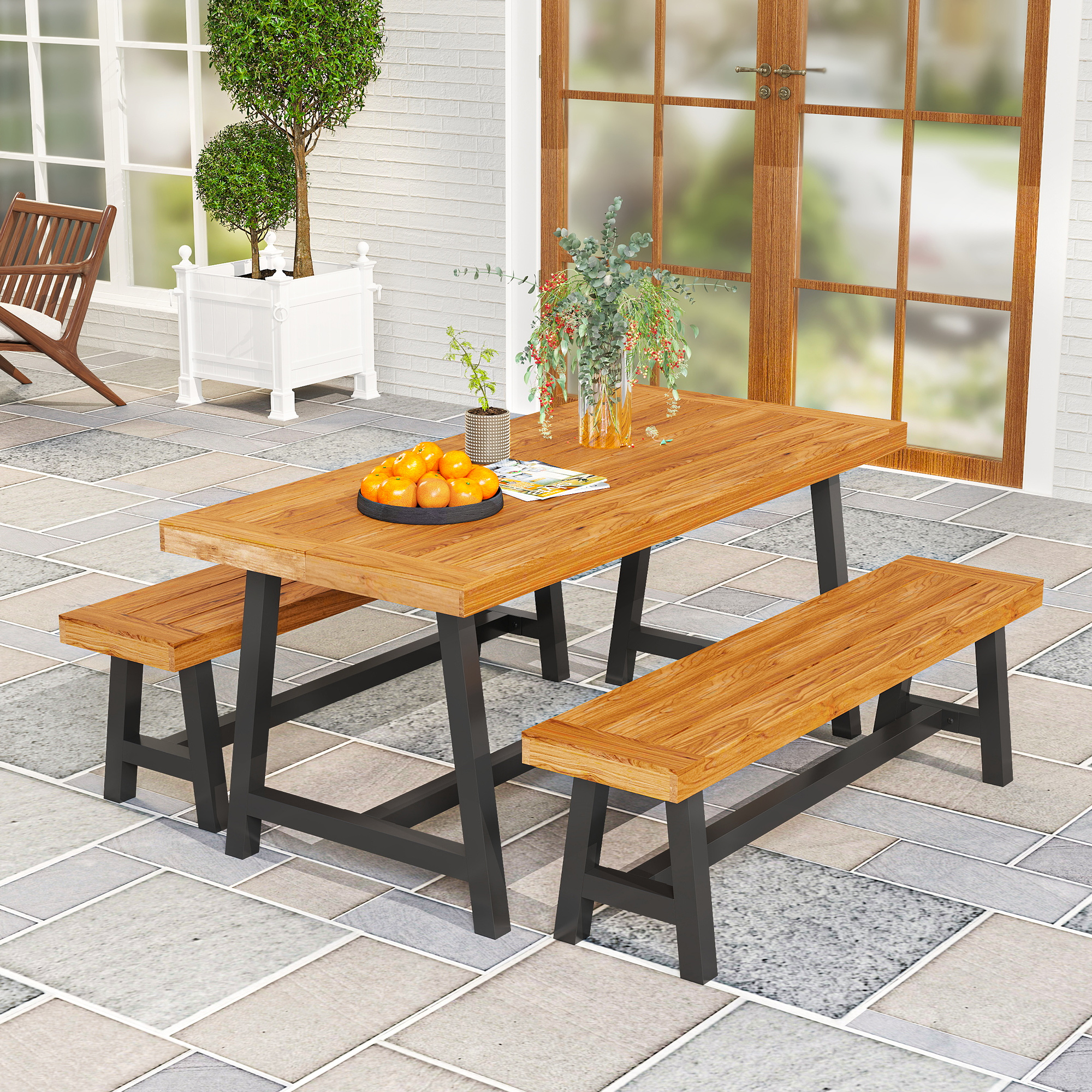 Outsunny Tuinmeubelset 3-delig Hout Eetgroep voor 4 Personen Eettafel met 2 Banken Teak