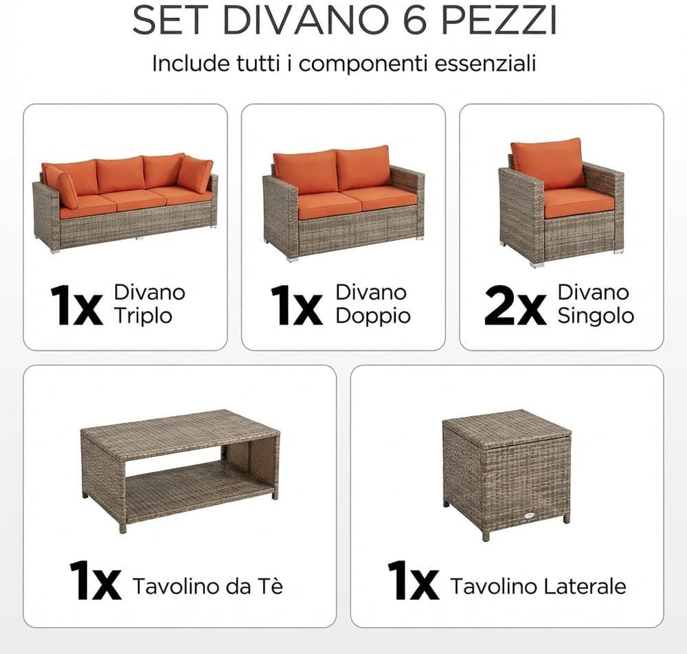 Salotto da Giardino Esterno Set Mobili 2 Divani 2 Poltrone e Tavolino con Cuscini in Rattan Pe Marrone Arancione