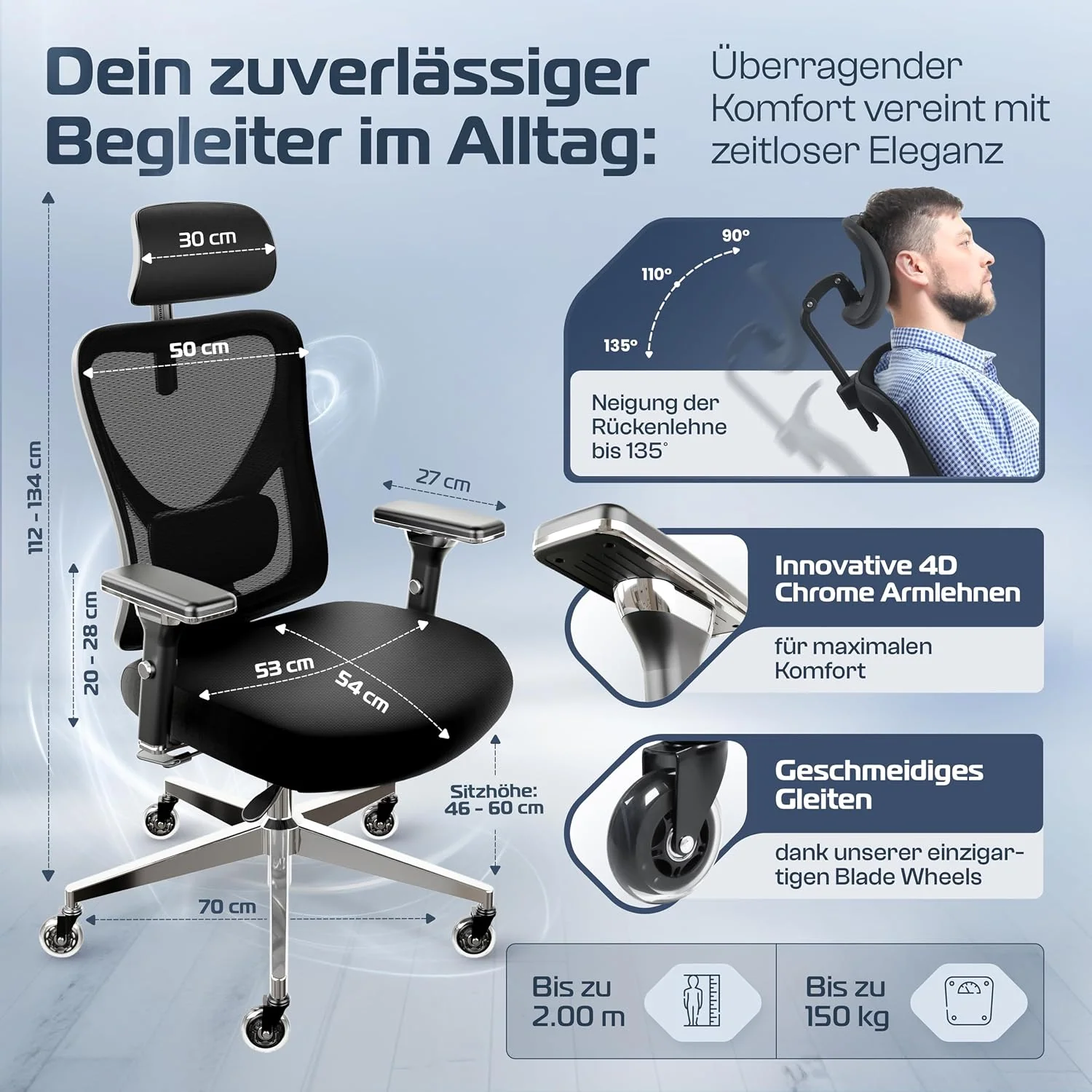 CLOUVOU Ergonomischer Bürostuhl mit verstellbaren Armlehnen und Kopfstütze