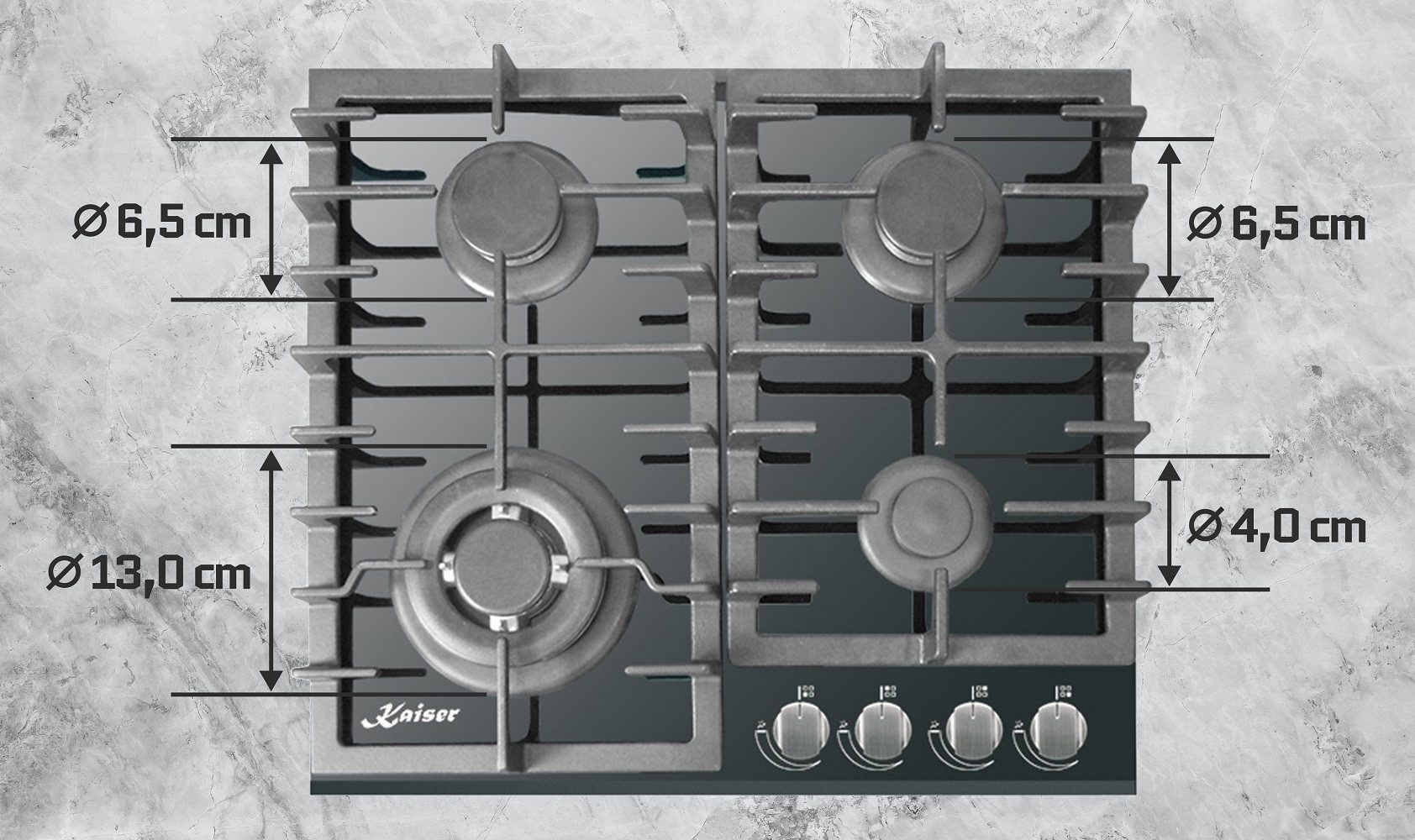 Gas-Kochfeld 60 cm 4 Brenner inkl. WOK-Brenner 3,8 Kw WOK KCG 6383 Turbo