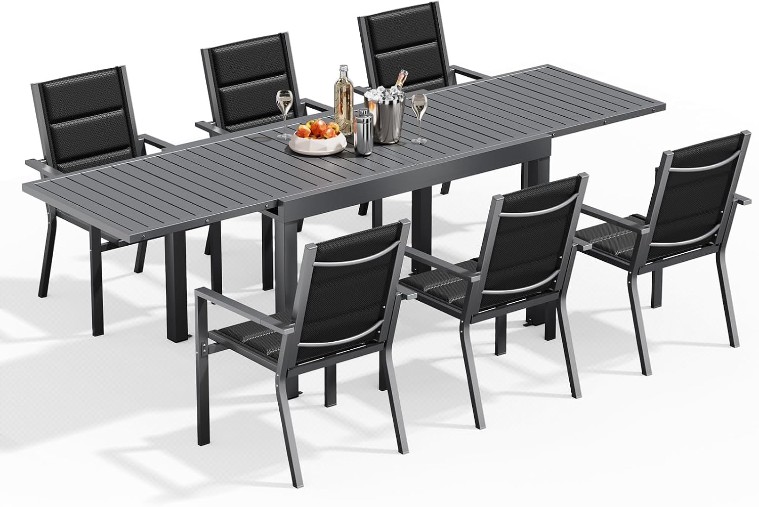 Devoko 6 Persone Set Tavolo e Sedie Da Giardino In Alluminio, 6 Sedie Impilabili e 1 130-260CM Tavolo Da Giardino Allungabile In Alluminio, Set Da Giardino Esterno, Grigio Scuro