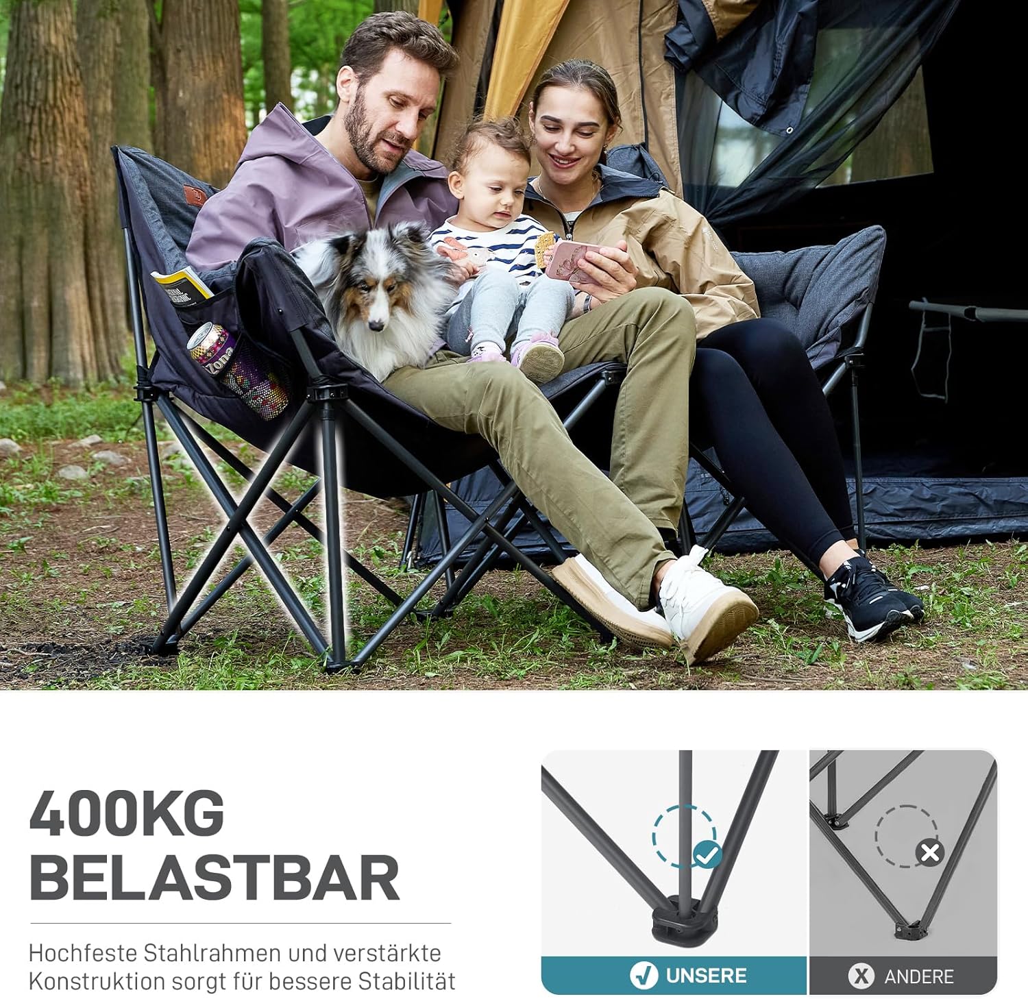 EVER ADVANCED Campingstuhl Faltbar 145cm Breit für 2 Personen Faltsofa 400KG Belastbar, Campingsofa Dick Gepolstert Klappstuhl 2 Sitzer Hohe Lehne Extra Breit für Outdoor Garten Balkon Indoor