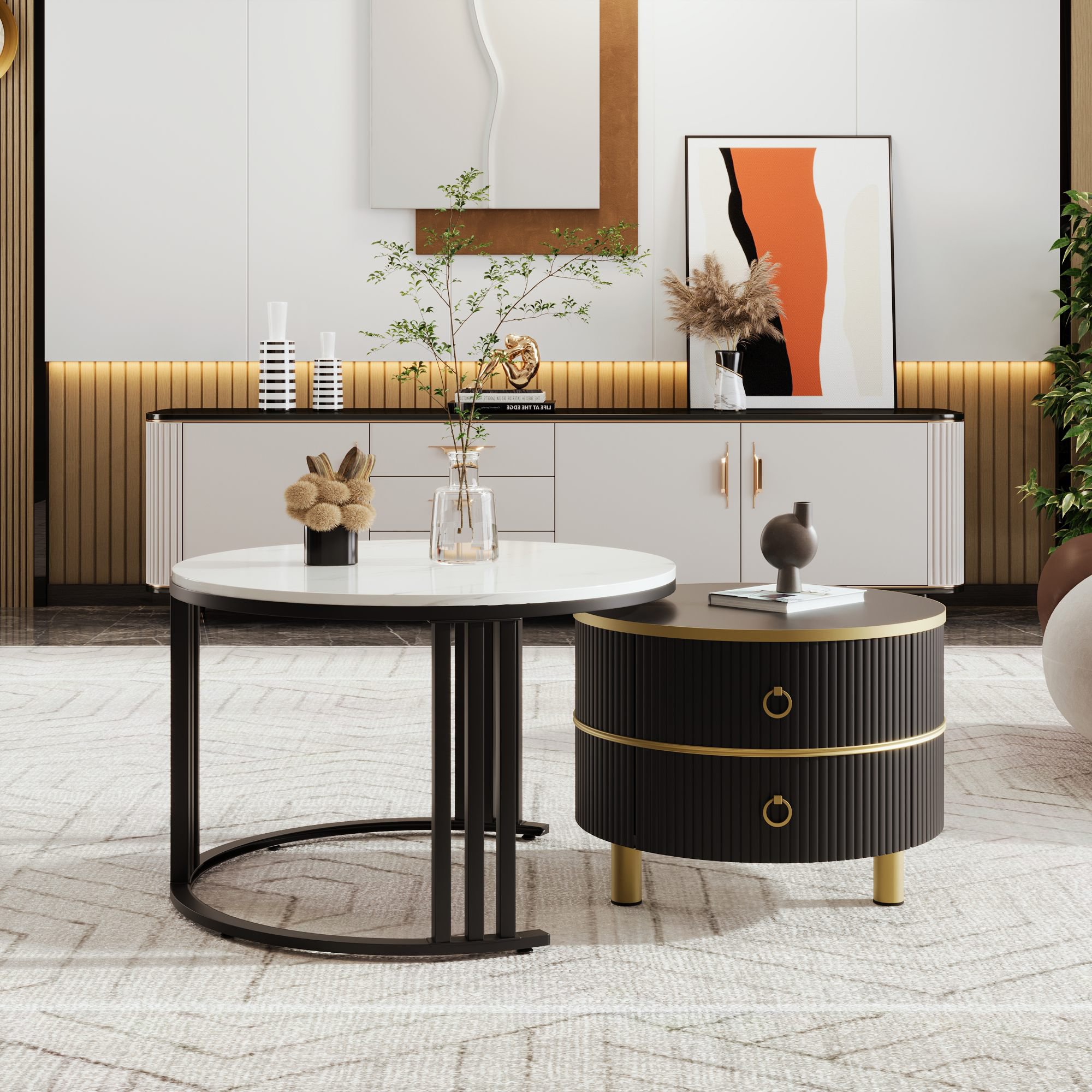 2-in-1 Couchtisch-Set mit Marmormuster und Hochglanz, runde Tische mit Schubladen, MDF und Metallbeine, Weiß+Schwarz