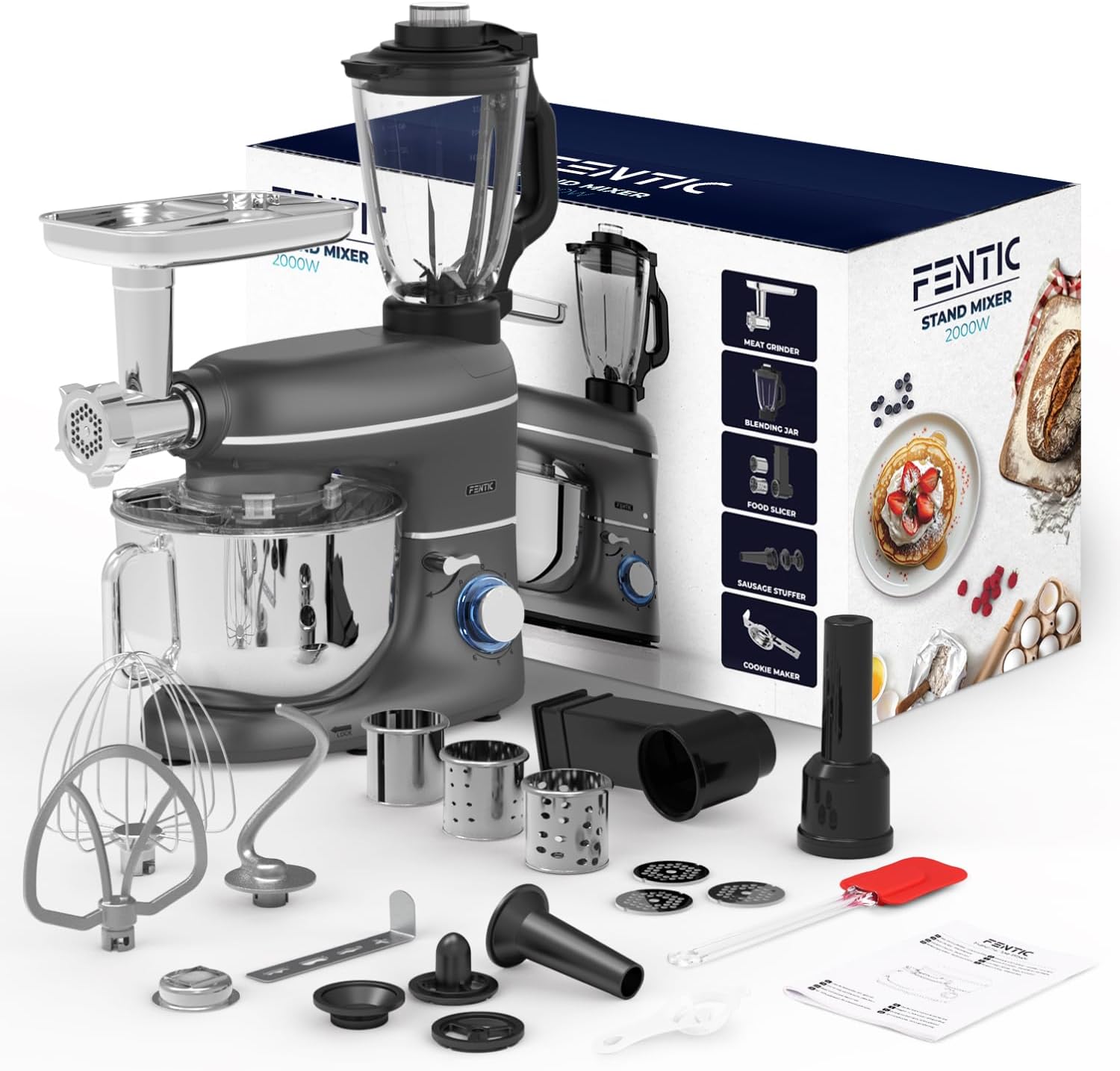 6-in-1 Küchenmaschine – 2000W – Mit Fleischwolf, 1,5L Entsafter, Gemüseschneider und Mehr – Knetmaschine mit 6,2L Rührschüssel, Rührhaken, Knethaken, Schlagbesen und Spritzschutz (Anthrazit)