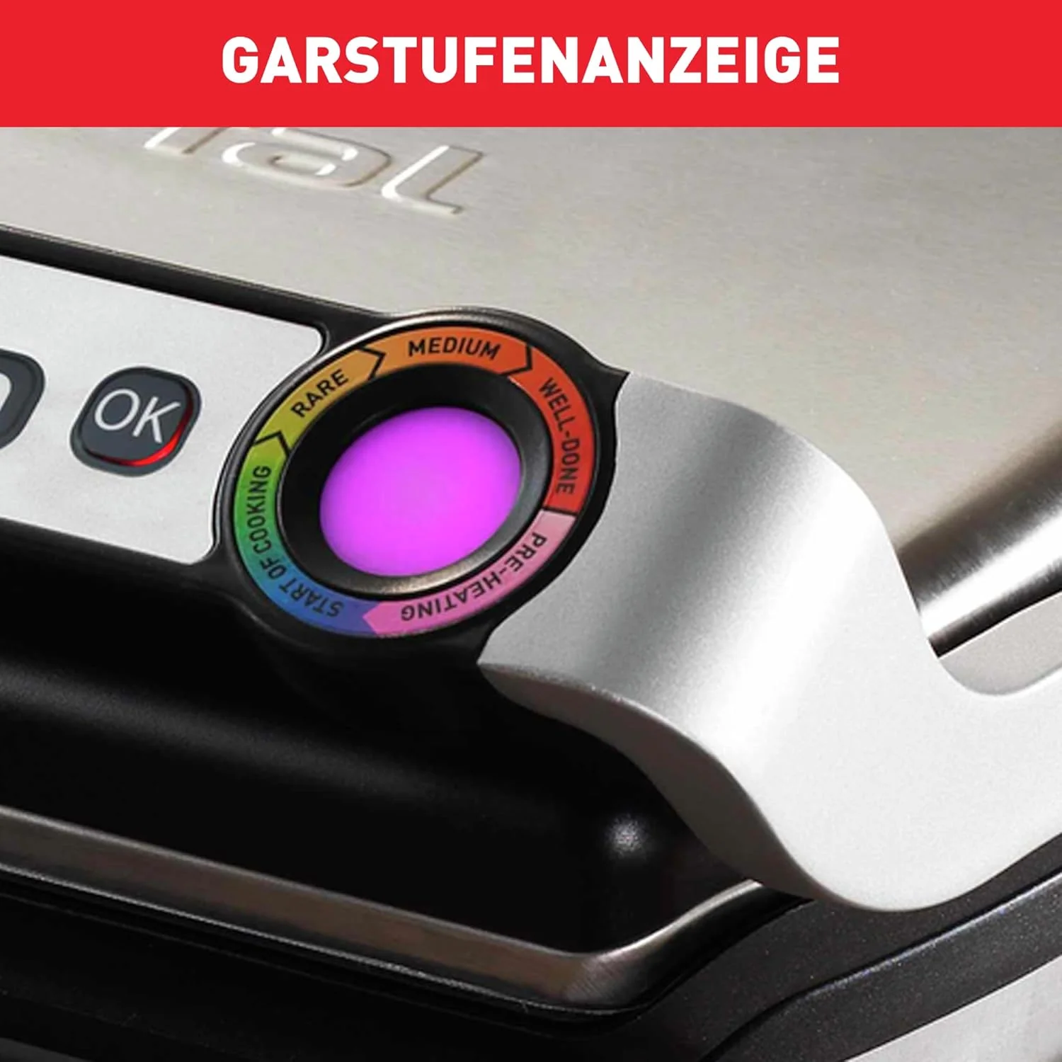 Tefal OptiGrill+ XL Kontaktgrill, 9 Programme, Garstufenanzeige, Abnehmbare XL-Platten, Manueller Modus, Elektrogrill, Edelstahl, GC722D16
