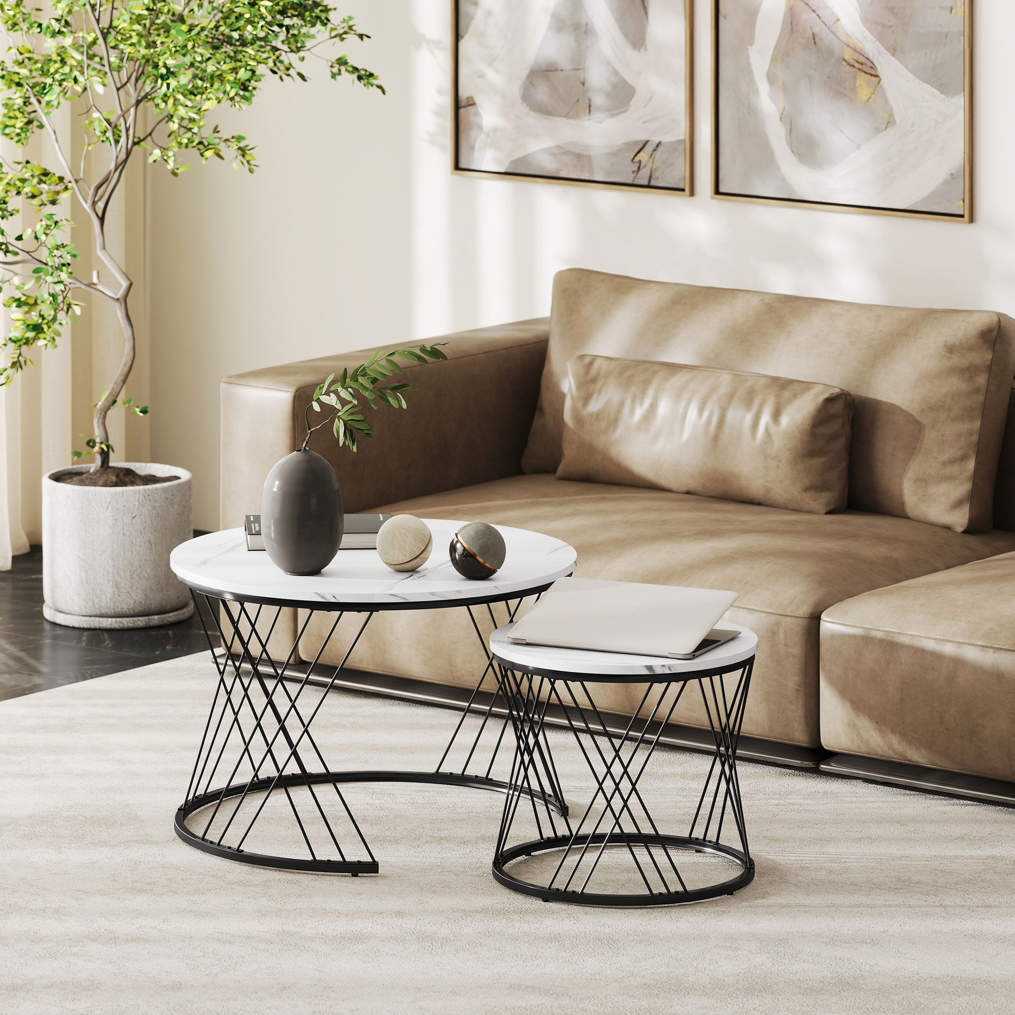 HOMCOM Couchtische im 2er-Set, Marmoroptik, Spanplatte, Metall, runde Kaffeetische für Wohnzimmer, ineinanderstellbar, Weiß