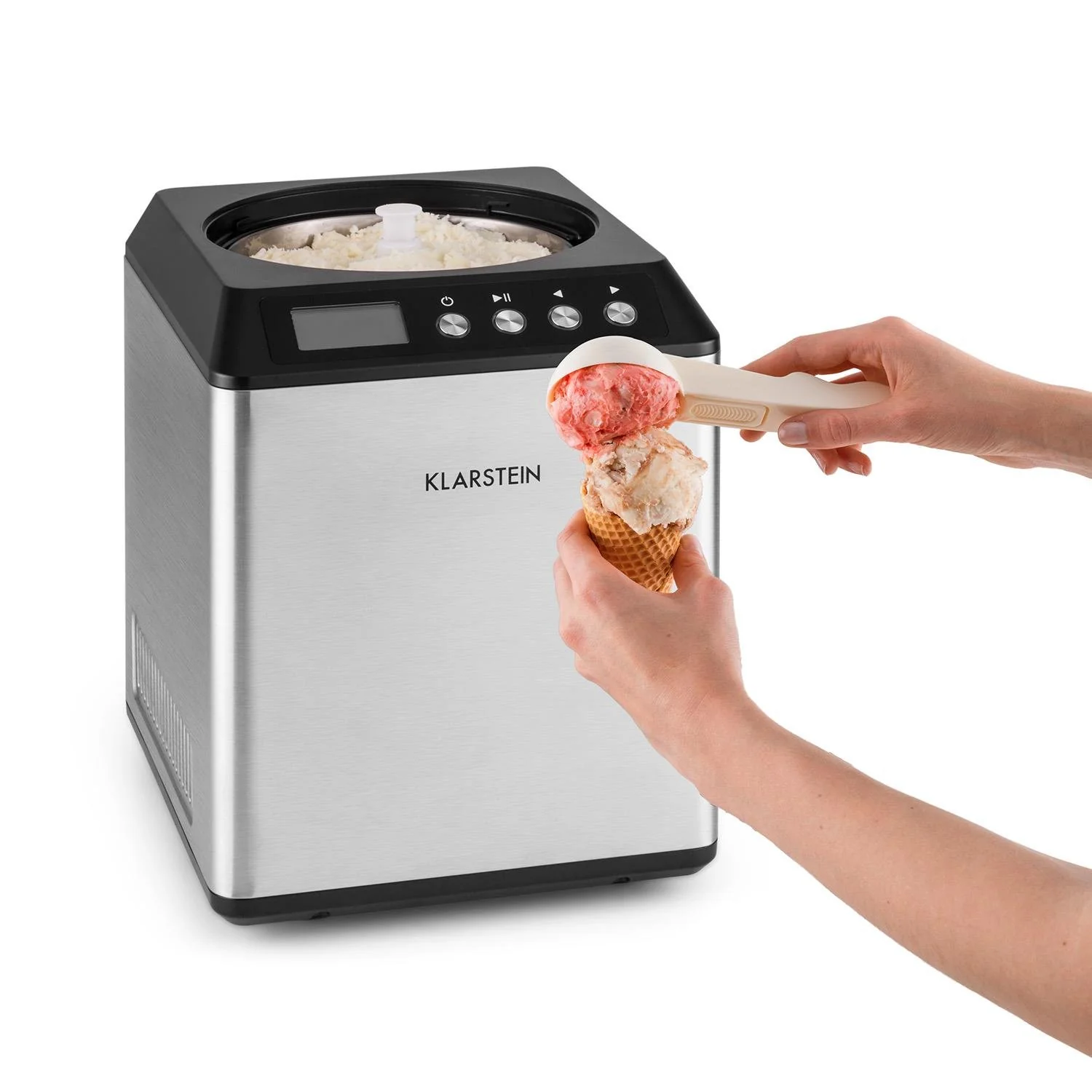 Klarstein Vanilla Sky - macchina per gelato, preparatore di gelato, gelatiera, funzione di mantenimento freddo, display LED, timer, acciaio inox, facile da pulire, 180 watt, capacità 2 litri, colore argento