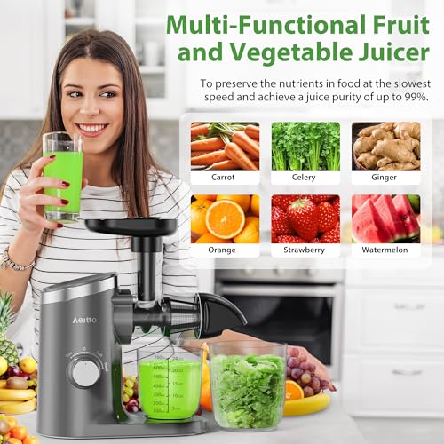 Slow Masticating Juicer, Aeitto Cold Press Jucier Machine with Soft & Hard Modes, Quiet Motor, Juicer Machines Vegetable and Fruit, Juice Extractor machine, Easy to Clean with Brush, Grey: Home & Kitchen