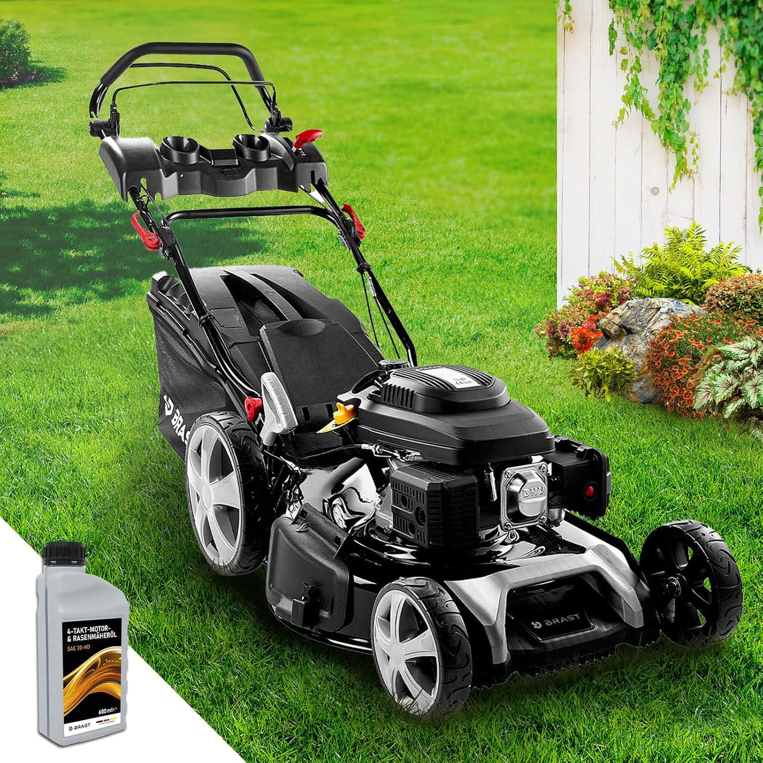 BRAST Benzin Rasenm?her mit Antrieb | 5,2kW (7PS) | 55cm Schnittbreite | viele Modelle | T��V | 30-80mm Schnitth?he | 60L Fangkorb | 4 Takt OHV Motor | Stahlgeh?use | Power