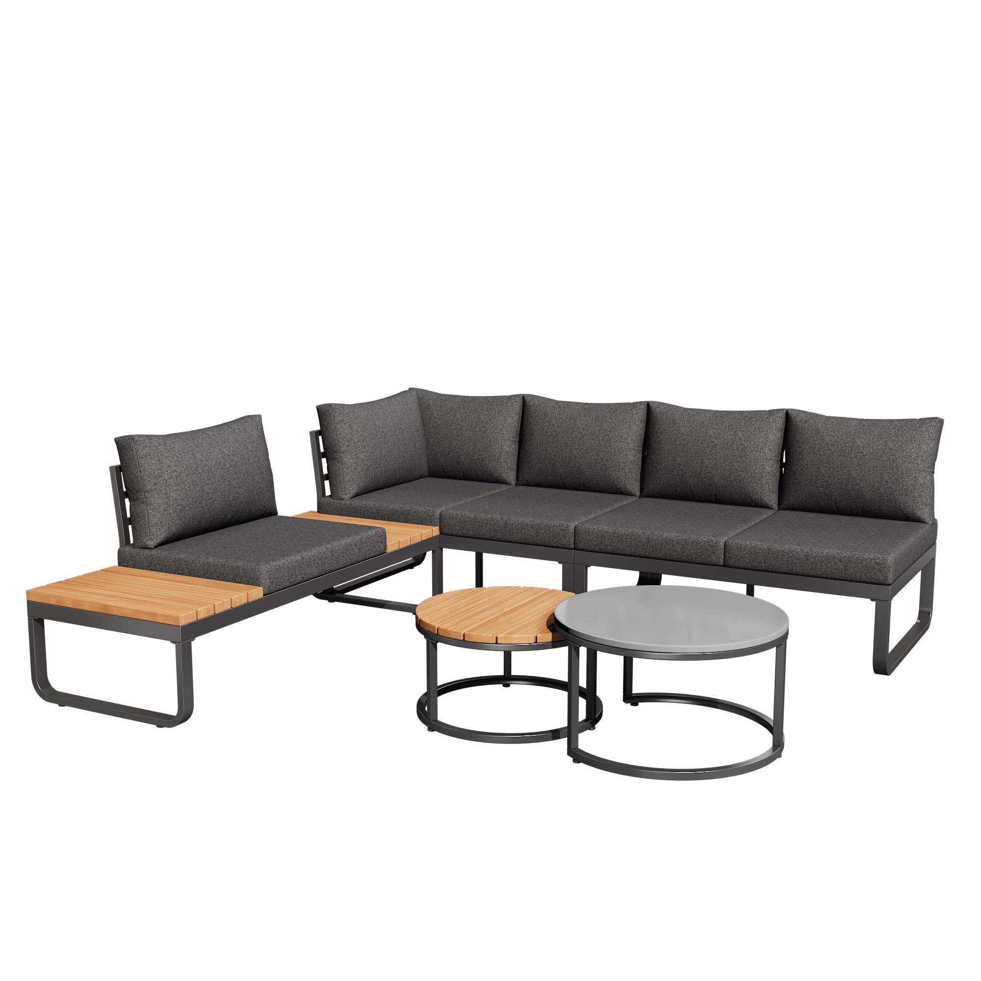 Loungemöbel Set für kleine Räume – Garten Sofa mit integriertem Tisch, 4-5 Sitzplätze, bequeme Sitzpolster und Kissen, Grau