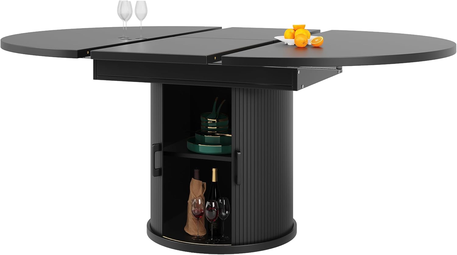 Tavolo da pranzo allungabile rotondo a ovale, tavolo da pranzo con vano portaoggetti, tavolo da cucina per 4-6 persone, tavolo rotondo salvaspazio con piano estraibile per soggiorno, cucina