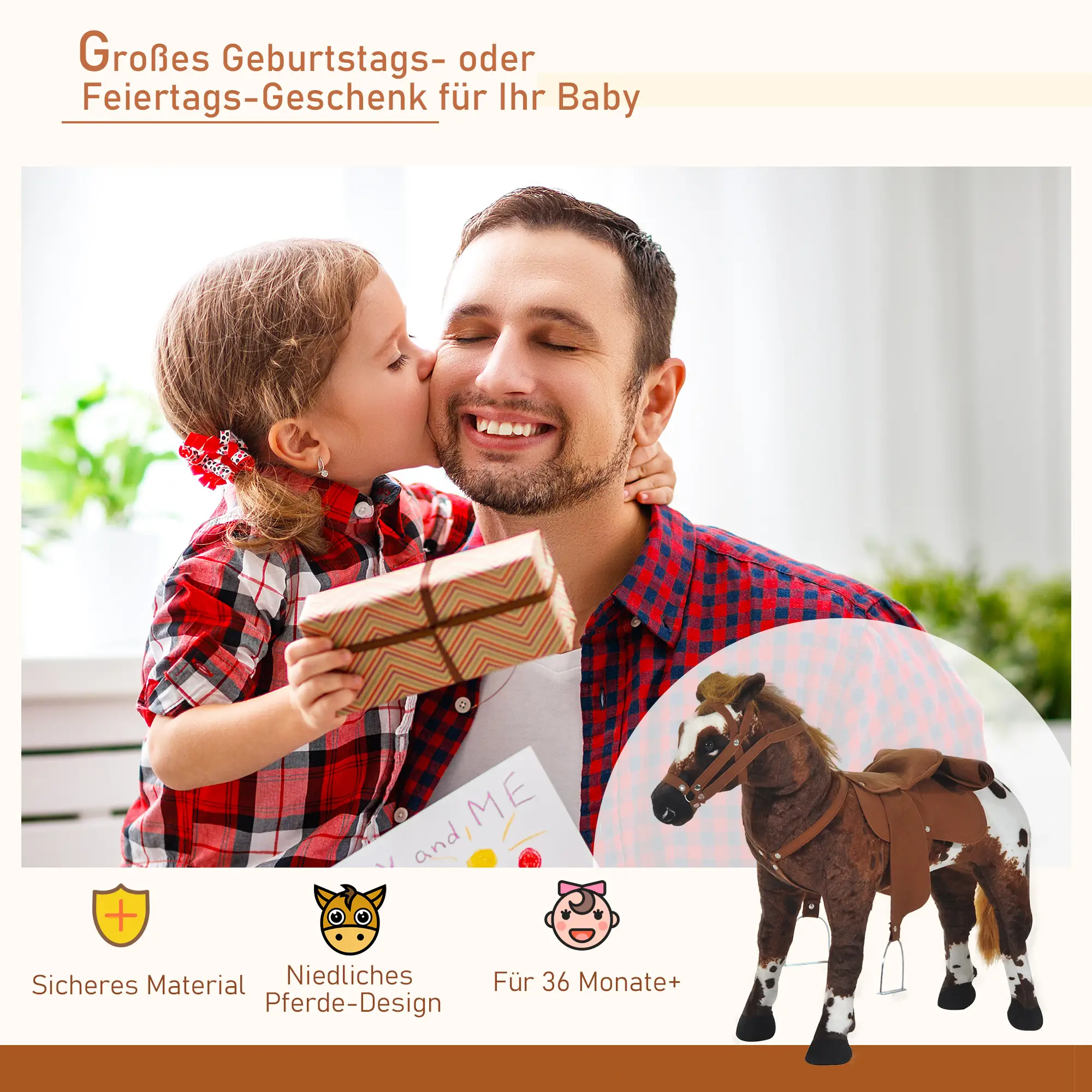 HOMCOM Schaukelpferd mit Soundfunktion für Kinder ab 3 Jahren Plüsch Braun+Weiß