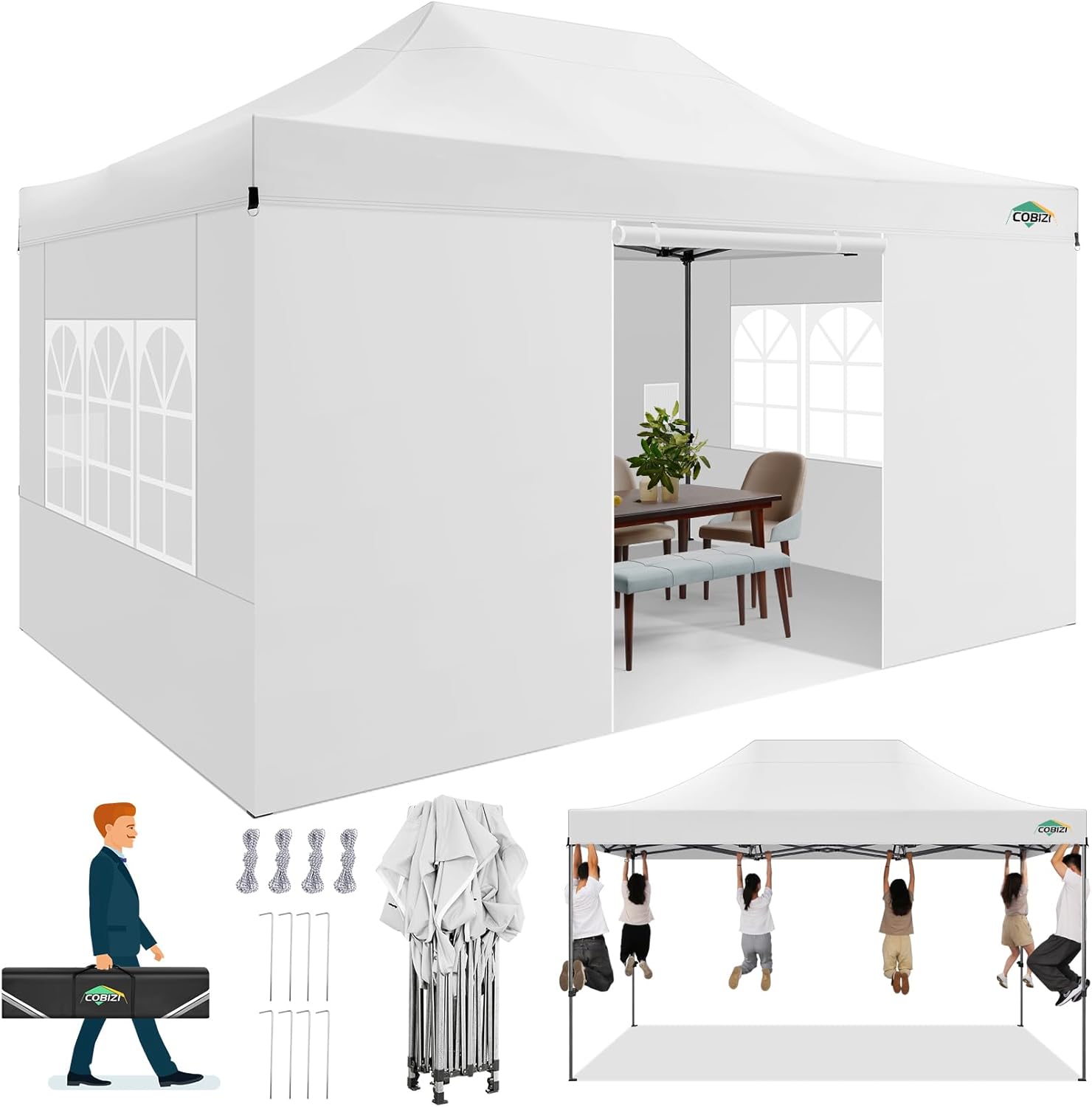 COBIZI 10x15 Pop up Canopy Gazebo 3.0  Easy up Heavy Duty Canopy with 4 Removable Sidewalls  High Stability  All Weather Sunshade 100% Waterproof Outdoor Canopy Tents  White