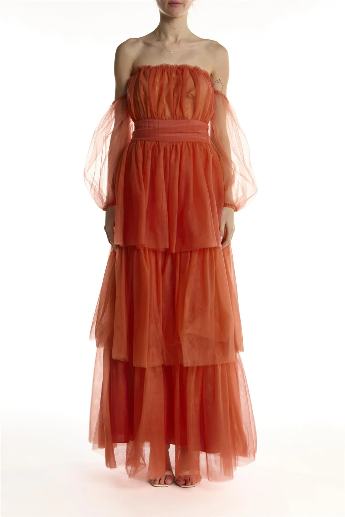 Soft Rust Bardot Tiered Maxi-Dress