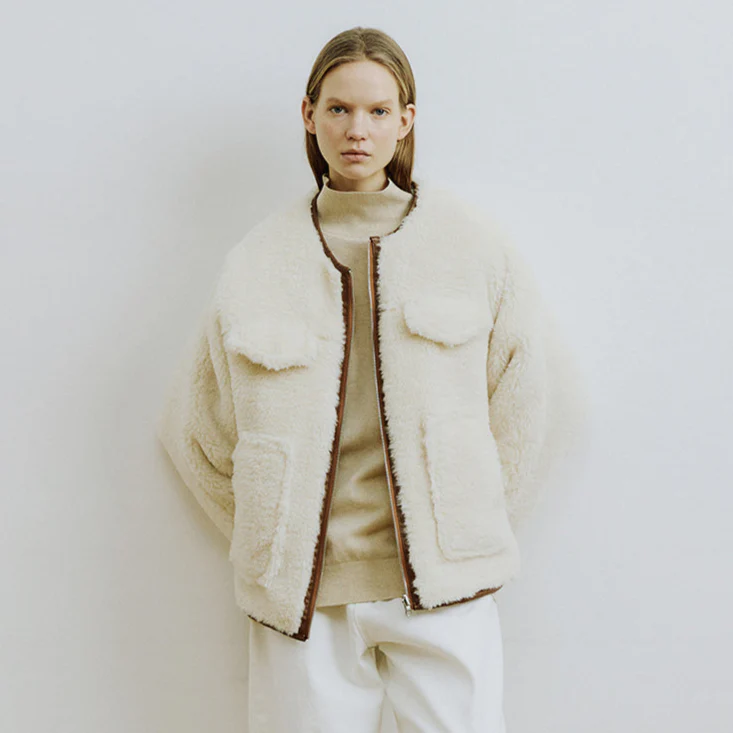 Reversible Padded Faux Fur Jacket [Ivory] �C Lightweight Structured Winter Jacket
