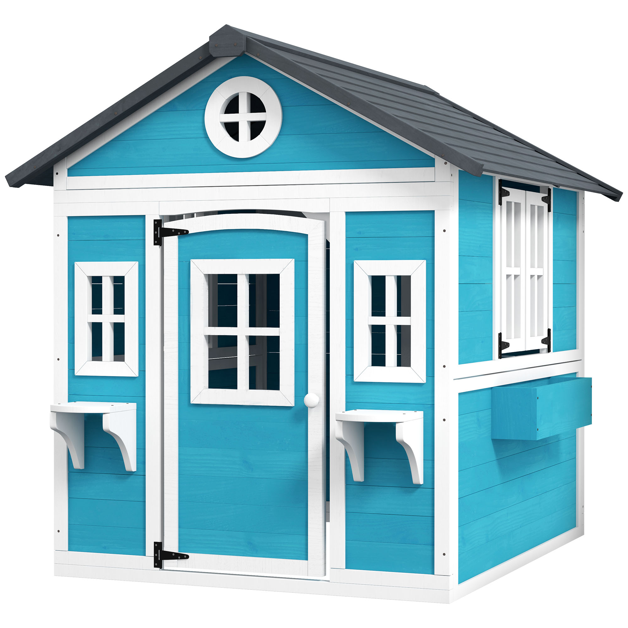 Outsunny Kinderspielhaus, Holz-Spielhaus für Kinder, Outdoor-Gartenspielhaus mit Fenstern, Blumentöpfe, 3-8 Jahre, Blau