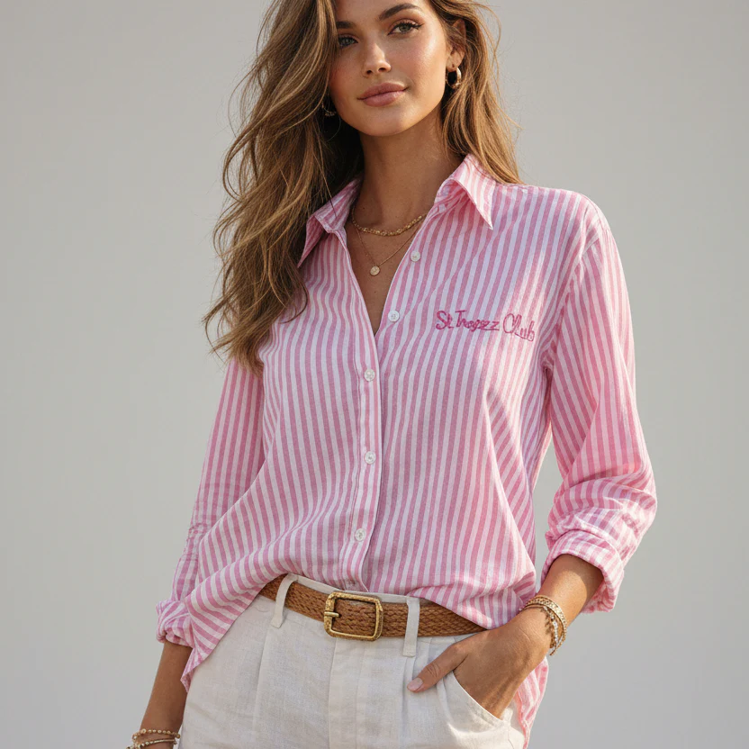St. Tropez Club Striped Shirt �C Pink | Women's Luxury Cotton Top