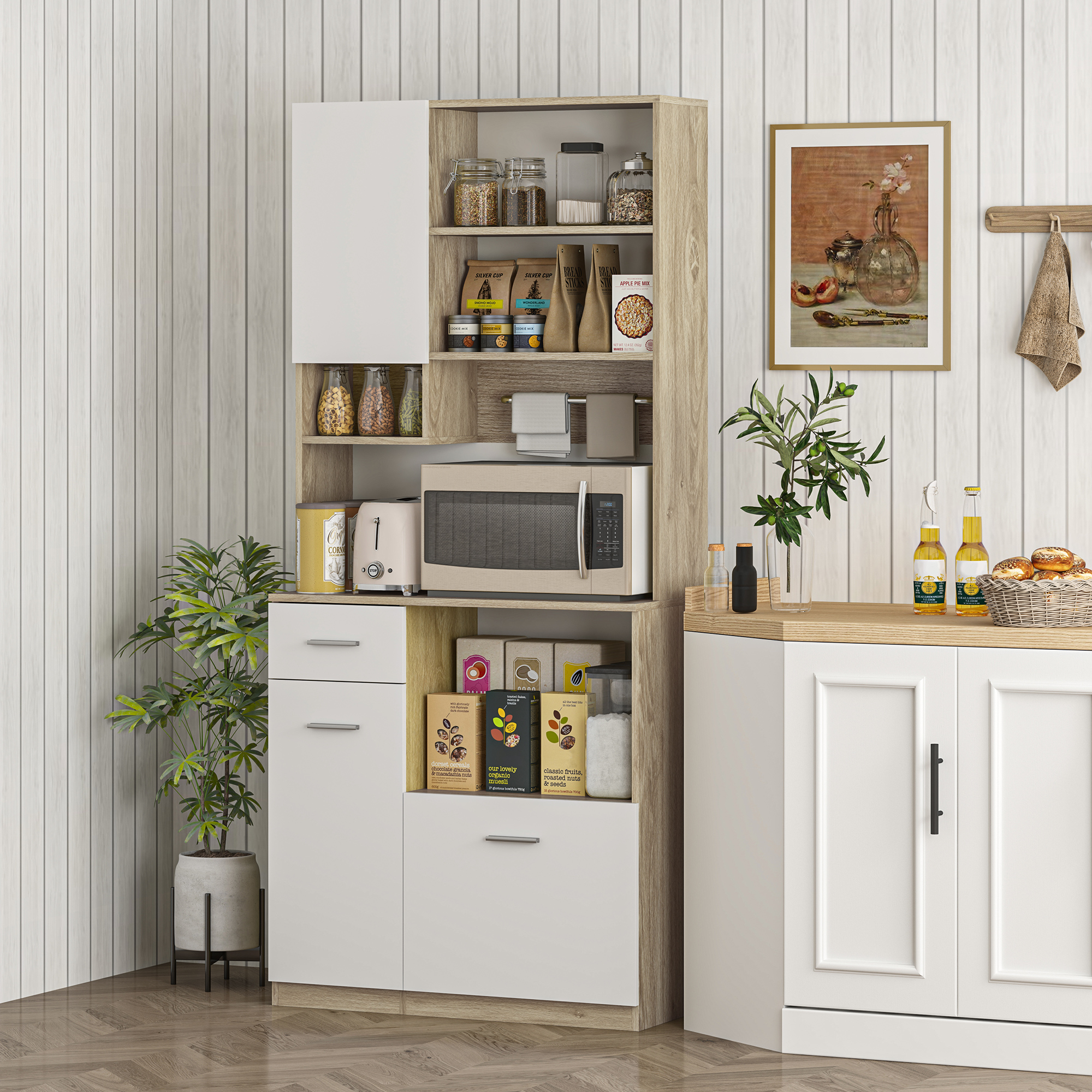 HOMCOM Hochschrank für die Küche, moderner Aufbewahrungsschrank mit verstellbaren Regalen, Schublade, Weiß und Holzoptik