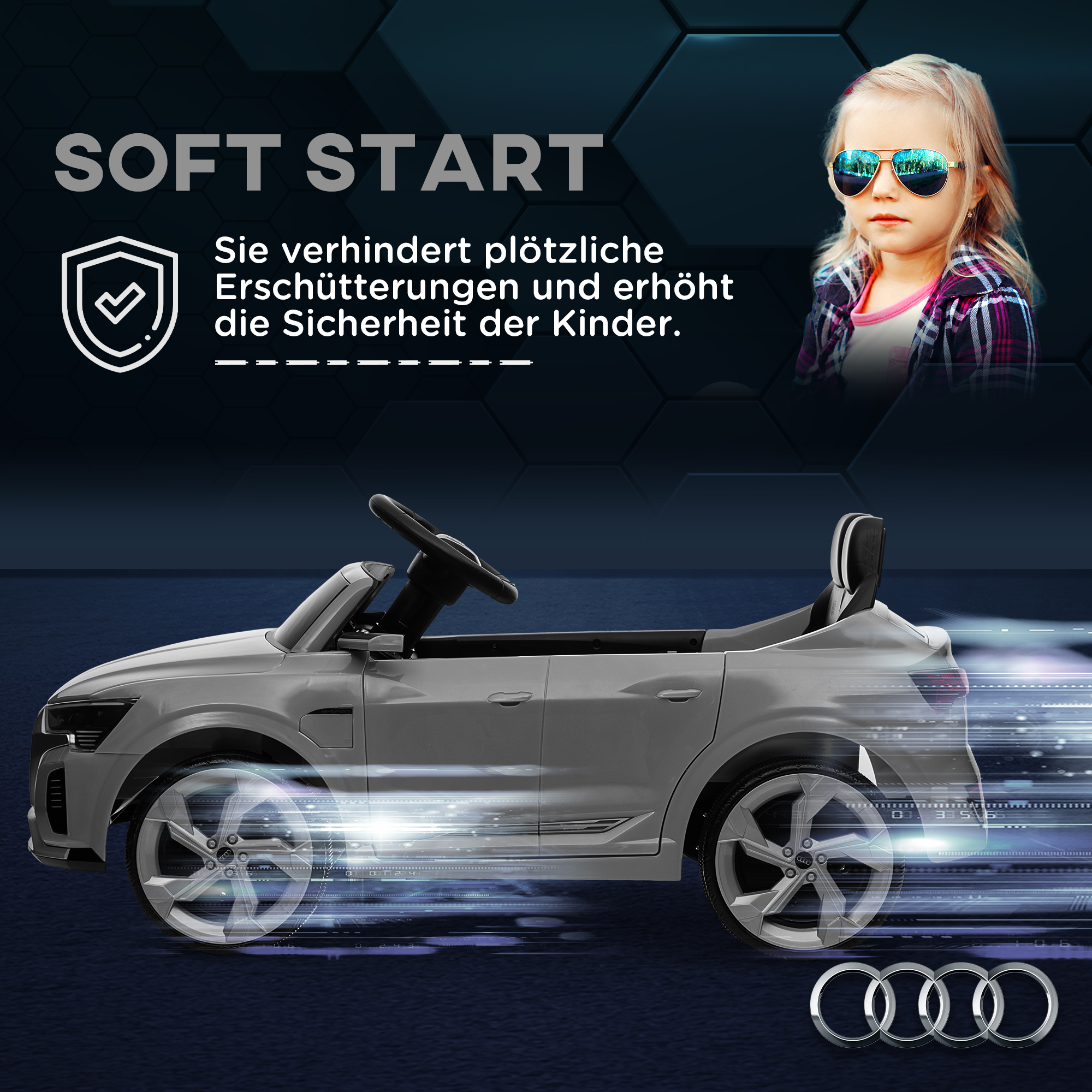 AIYAPLAY Elektrische Kinder Auto, 12V Audi Q8, 3-5 km/u, Afstandsbediening, Koplampen, Muziek, Grijs