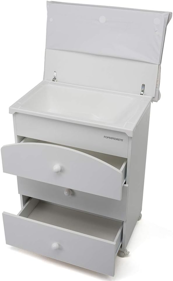 Foppapedretti Bagnetto Fasciatoio IlBagnetto, Legno, Made in Italy, 3 Cassetti, Piano Fasciatoio Ribaltabile, Vaschetta Anatomica Estraibile, 4 ruote, Materissani Incluso, 89x46x69 cm, Bianco