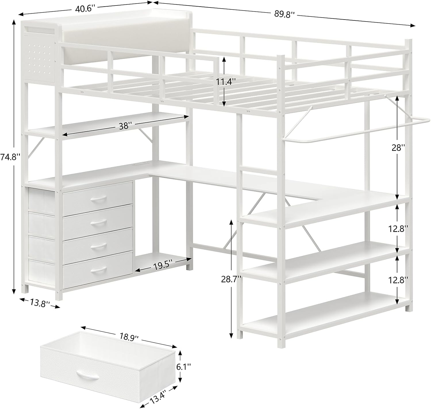 Loft Bed Twin Size with U-Shaped Desk, Metal Twin Loft Bed Frame with Storage Upholstered Headboard & LED Lights, Bunk Loft Beds with Power Outlet, Loft Beds with 4 Storage Drawers, Guard & Ladder