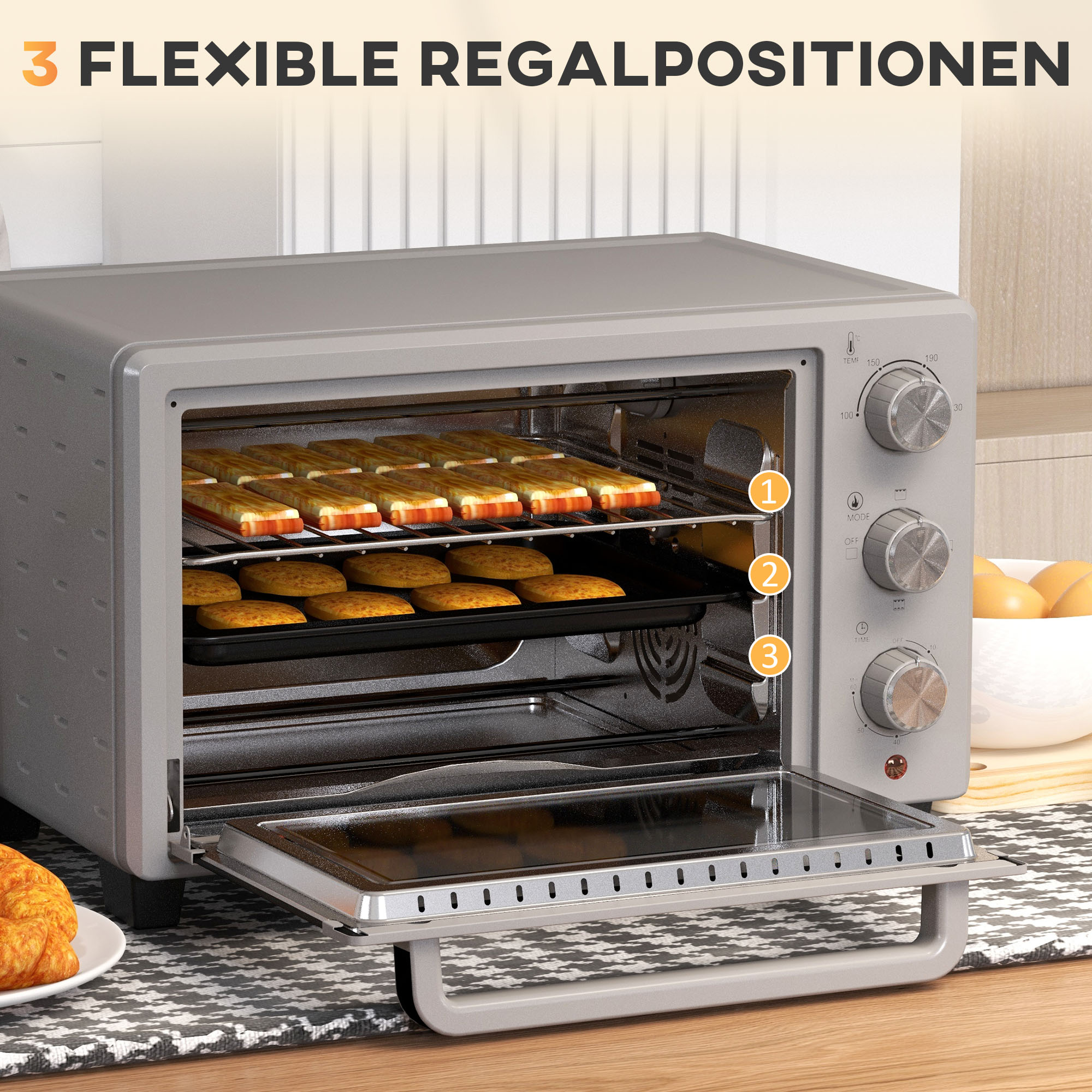 HOMCOM Minioven, 21L, 3 Kookmodi, 100°C-230°C, Rost & Plaat, Roestvrijstaal/Glas, Zilver