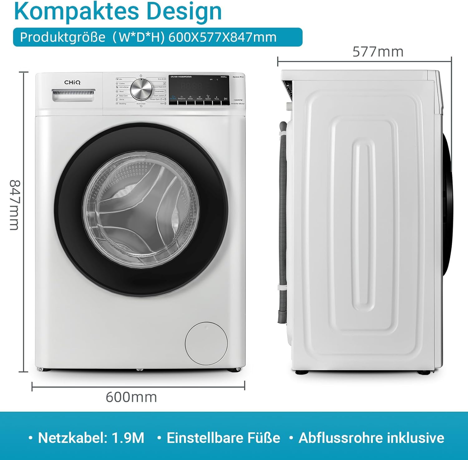 CHiQ Waschmaschine 7kg, 15 Programme, InverterMotor, Eco-Logic, Speed Wash, 60x46,5x84cm, Auto Clean, Washer Grau, CW07123863AX