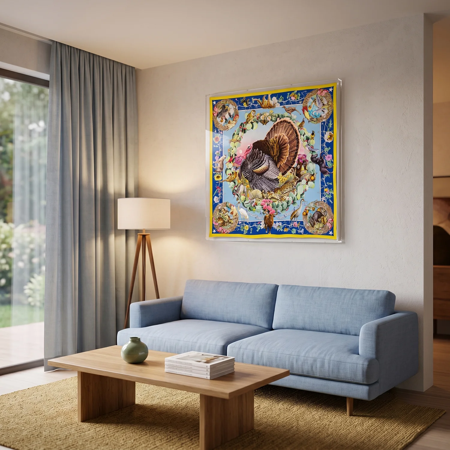 Framed Herm��s Faune Et Flore du Texas Wildlife Silk Scarf by Kermit Oliver in a 36x36x2