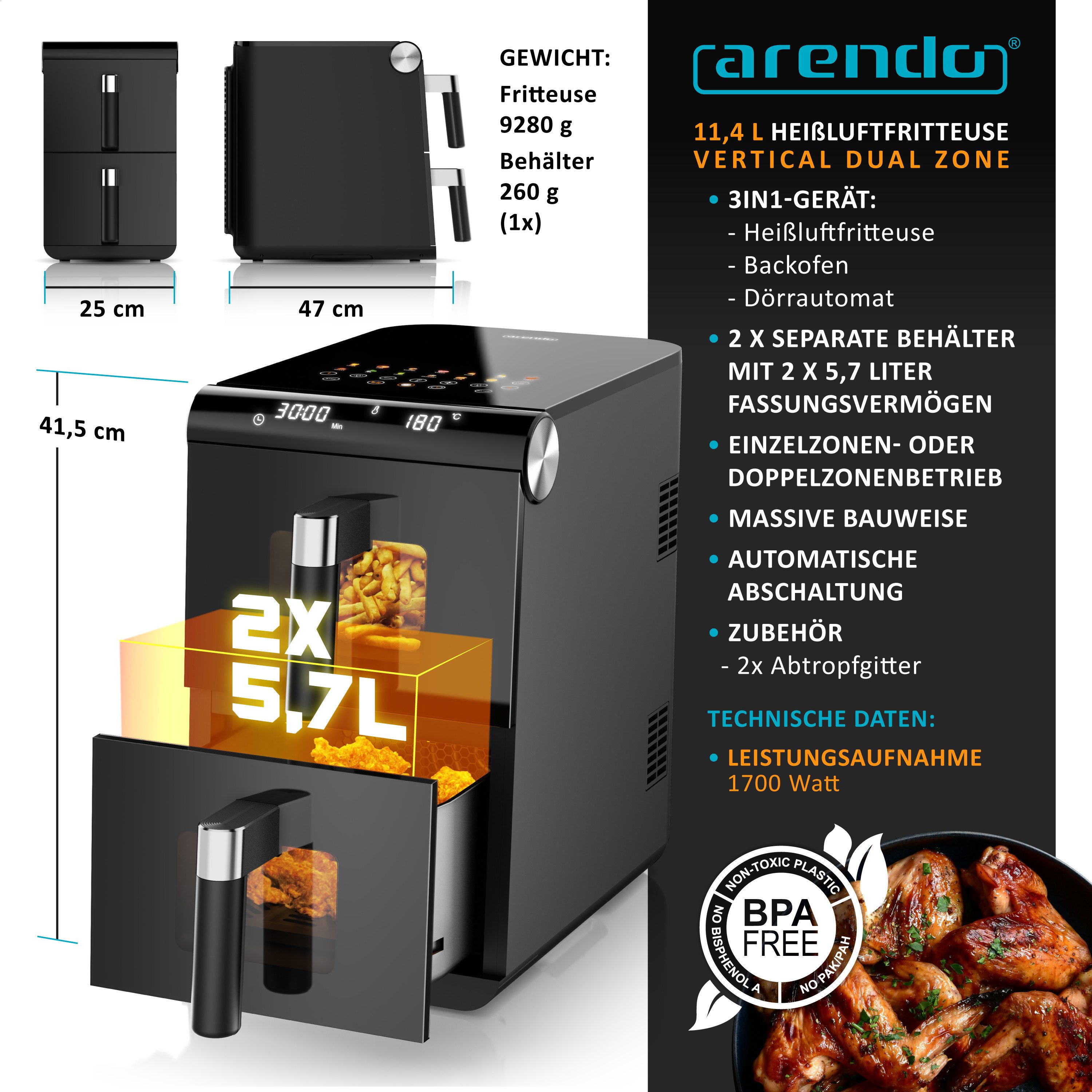 Heißluftfritteuse mit 2 Kammern Übereinander, XXL Dual Zone Airfryer 11L, Doppelkammer