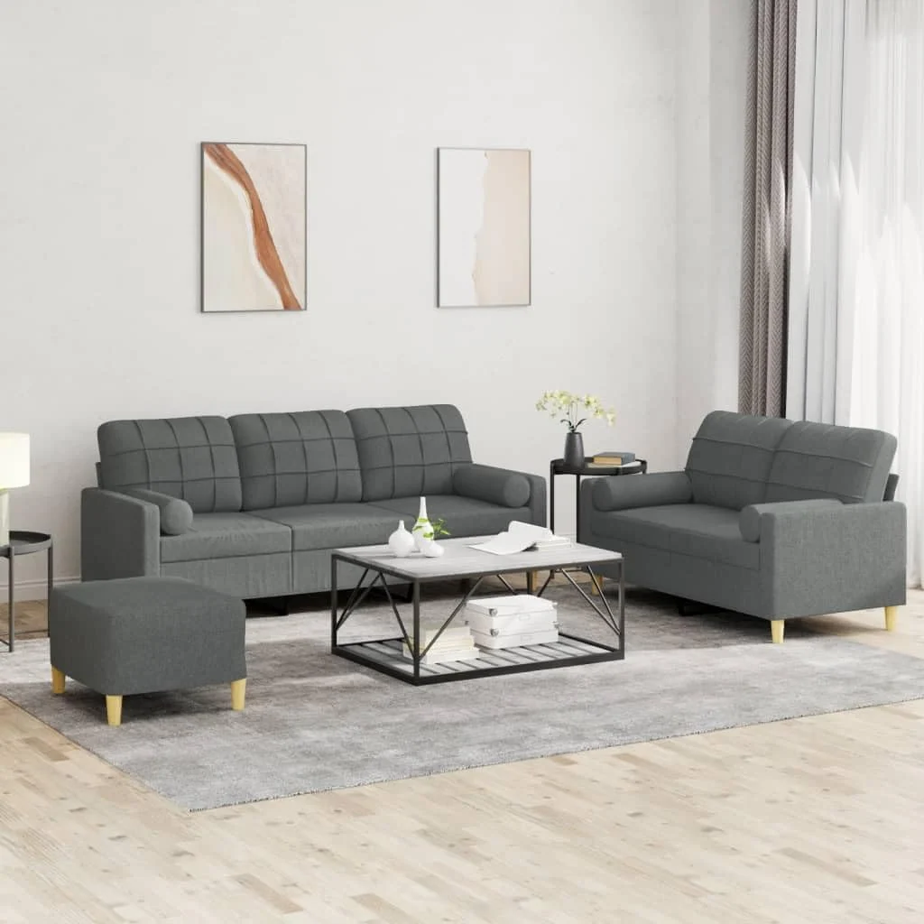 3-TLG Sofagarnitur Dunkelgrau Stoff Wohnlandschaft 2-Sitzer 3-Sitzer mit Kissen und Fußhocker Ecksofa Polstergarnitur gemütlich platzsparend