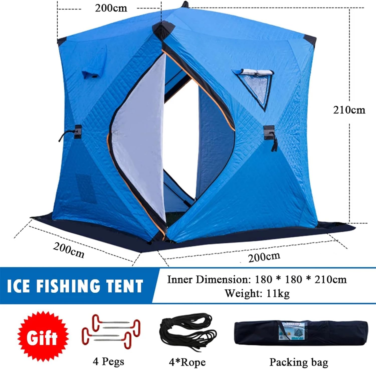 Isolierter Ice Shanty 3-4 Personen Tragbarer Eisangel-Unterstand Mit Herdanschluss, Pop-up-Eisangelzelt-Eishaus Mit 2 Türen Und 4 Fenstern Zum Eisangeln Im Winter Beim Camping