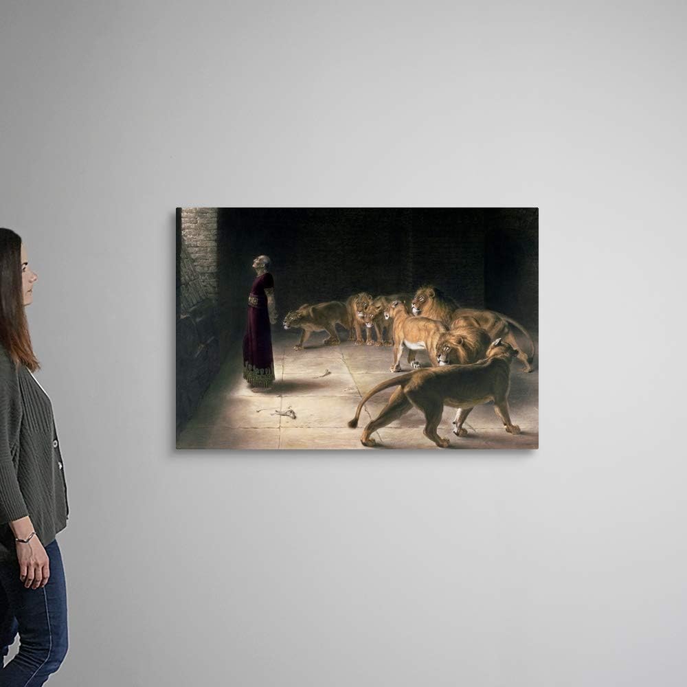 CANVAS ON DEMAND Daniel in the Lions Den, Mezzotint Canvas Wall Art Print by Briton (1840-1920) Riviere, Traditional, Home Decor, Lion, Christianity Artwork, 48"x32"