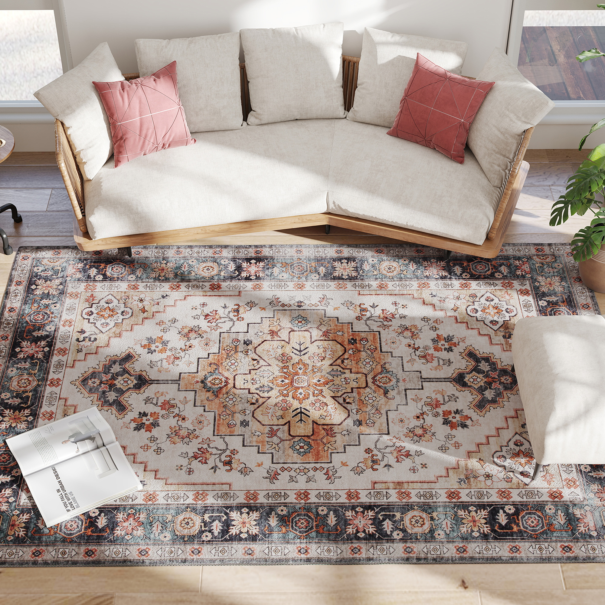 HOMCOM Rutschfester und Waschbarer Bohemianischer Kurzflorteppich für Wohnzimmer und Schlafzimmer, 230x160 cm, Braun