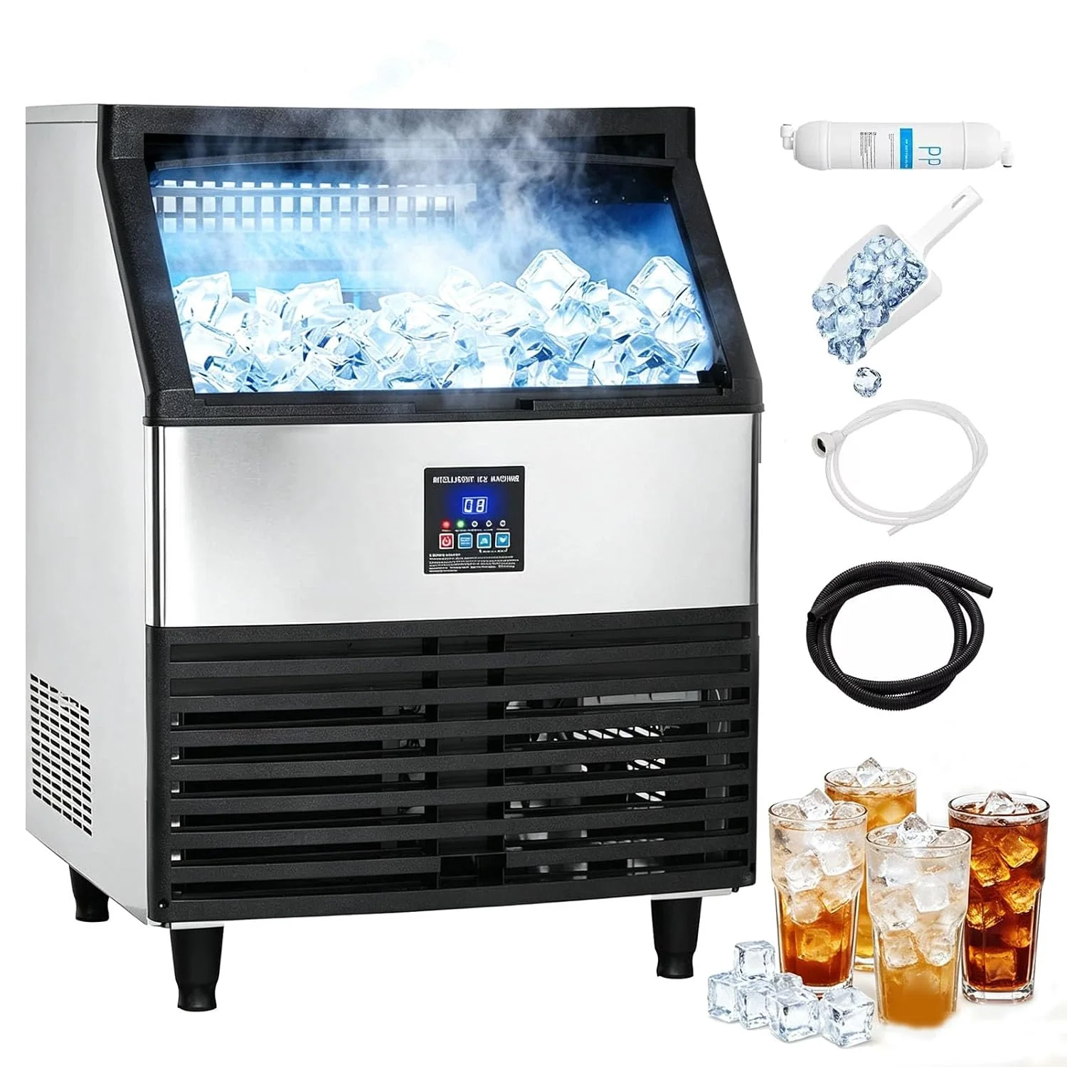 Furvveerr Eismaschine, 200 kg, Schwarz, Kommerzielle Eiswürfelmaschine /24 Std, Kommerzielle Eiswürfelmaschine freistehend