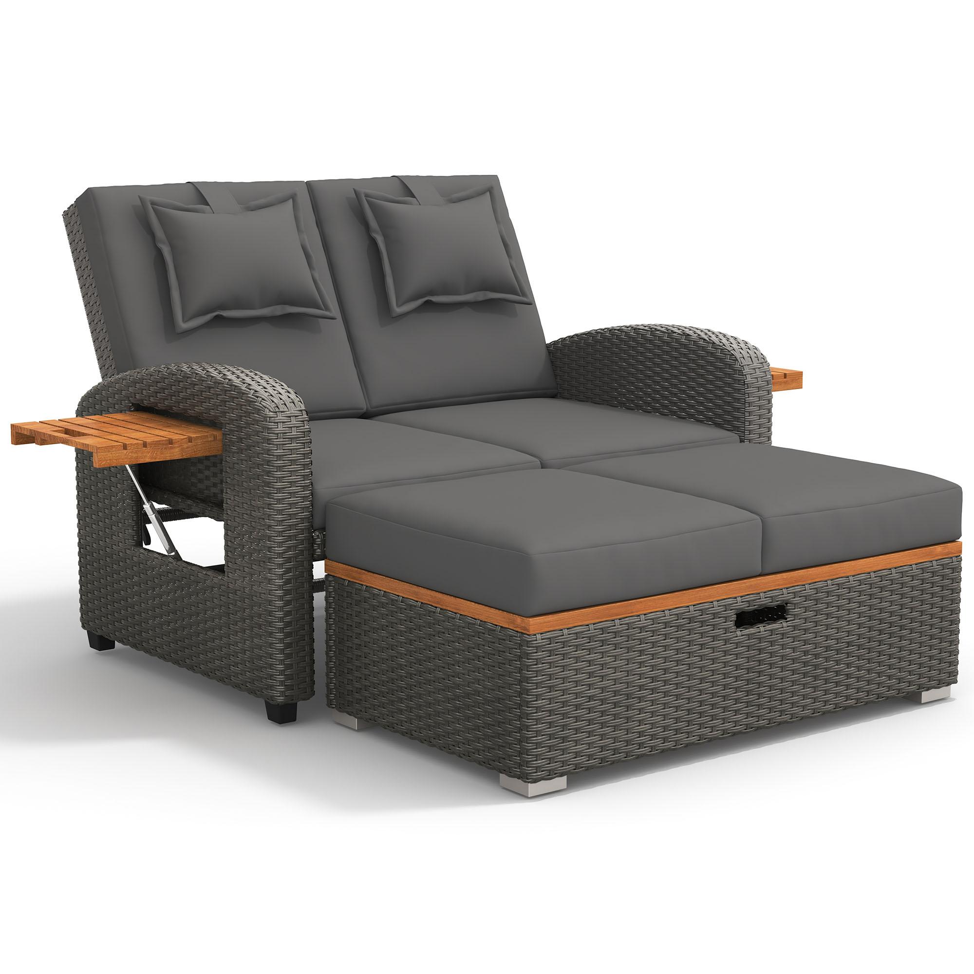 Garten Sofa für 2 Personen mit verstellbarer Rückenlehne und Outdoor-Bett-Funktion, Rattan Design, Grau