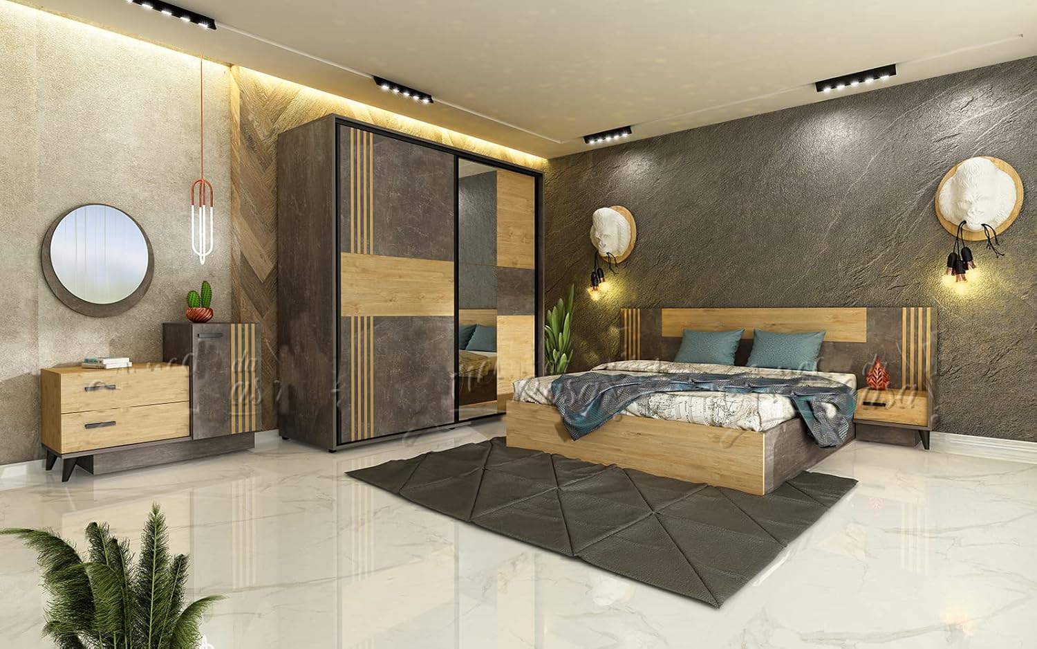 CDLU31 Complete Double Bedroom with Wardrobe 2 Hinged Doors Double Bed with Bedside Tables and Dresser with 2 Drawers 1 Door and 1 Mirror Dark Concrete and Golden Oak