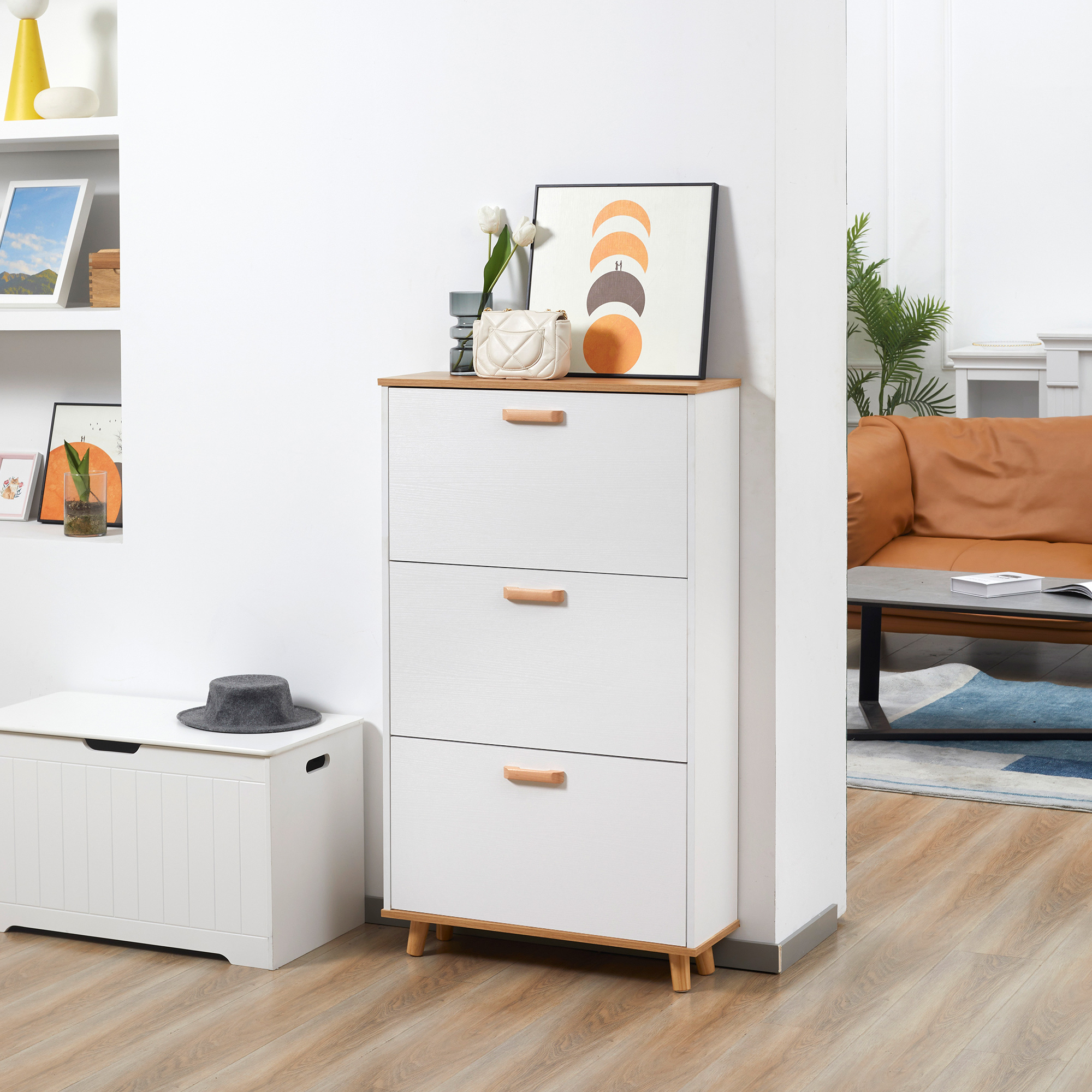 HOMCOM Skandinavischer Schuhschrank 3 Klappen 70 x 23,5 x 122 cm weiß