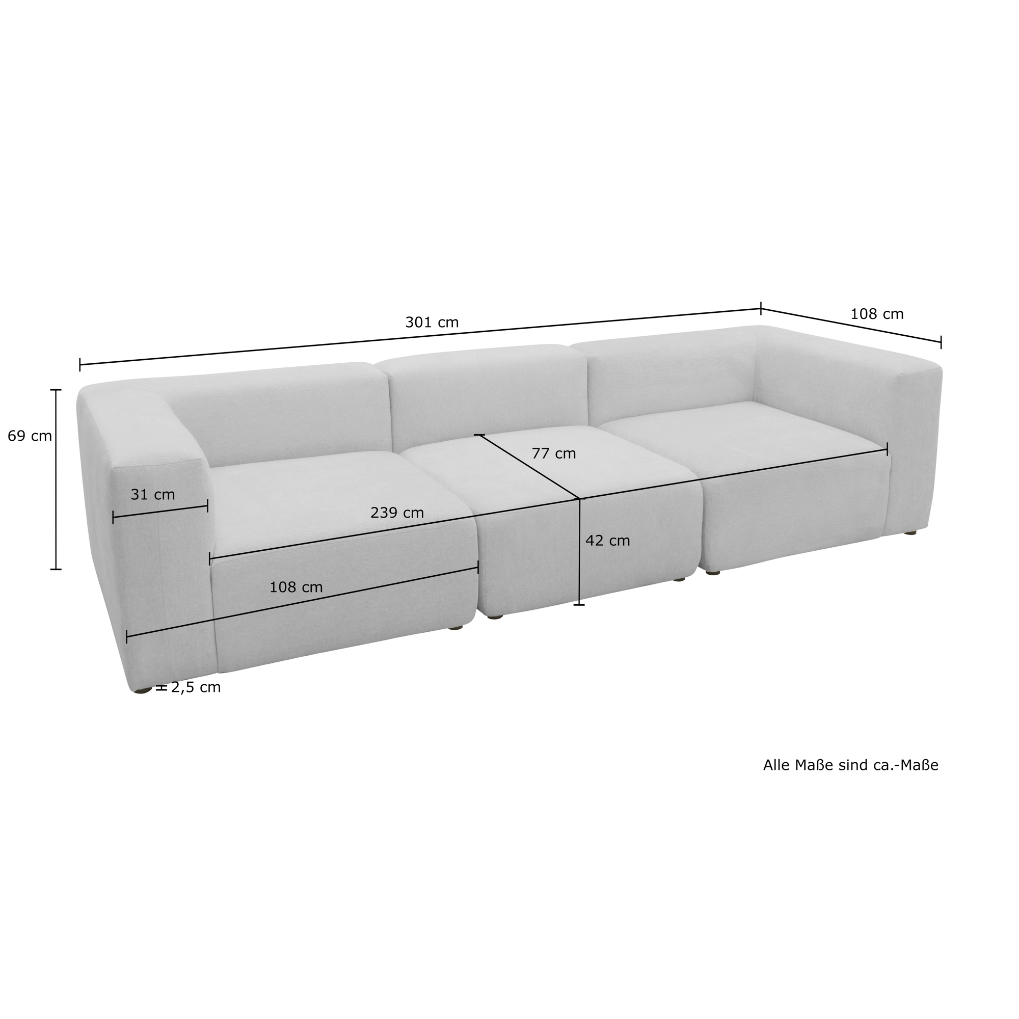 Sofa 800013, 3-Sitzer Garnitur, rechteckig, 3er Couch, 301 x 108 x 69 cm (BxTxH), Creme